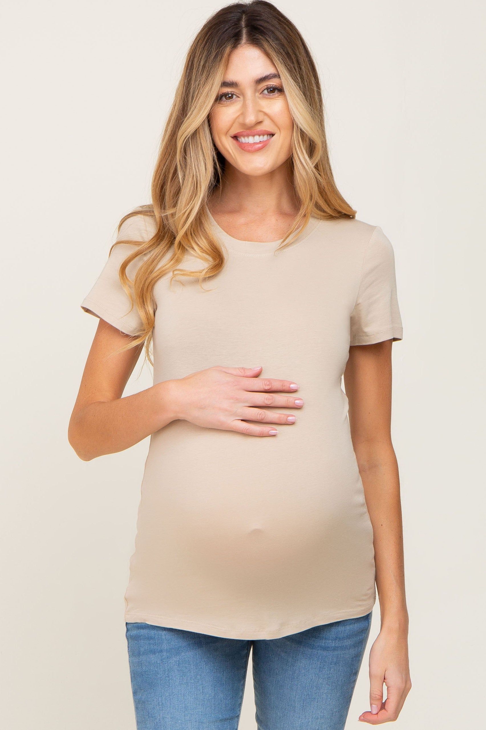 Beige Basic Crew Neck Maternity Tee sold by Pinkblush