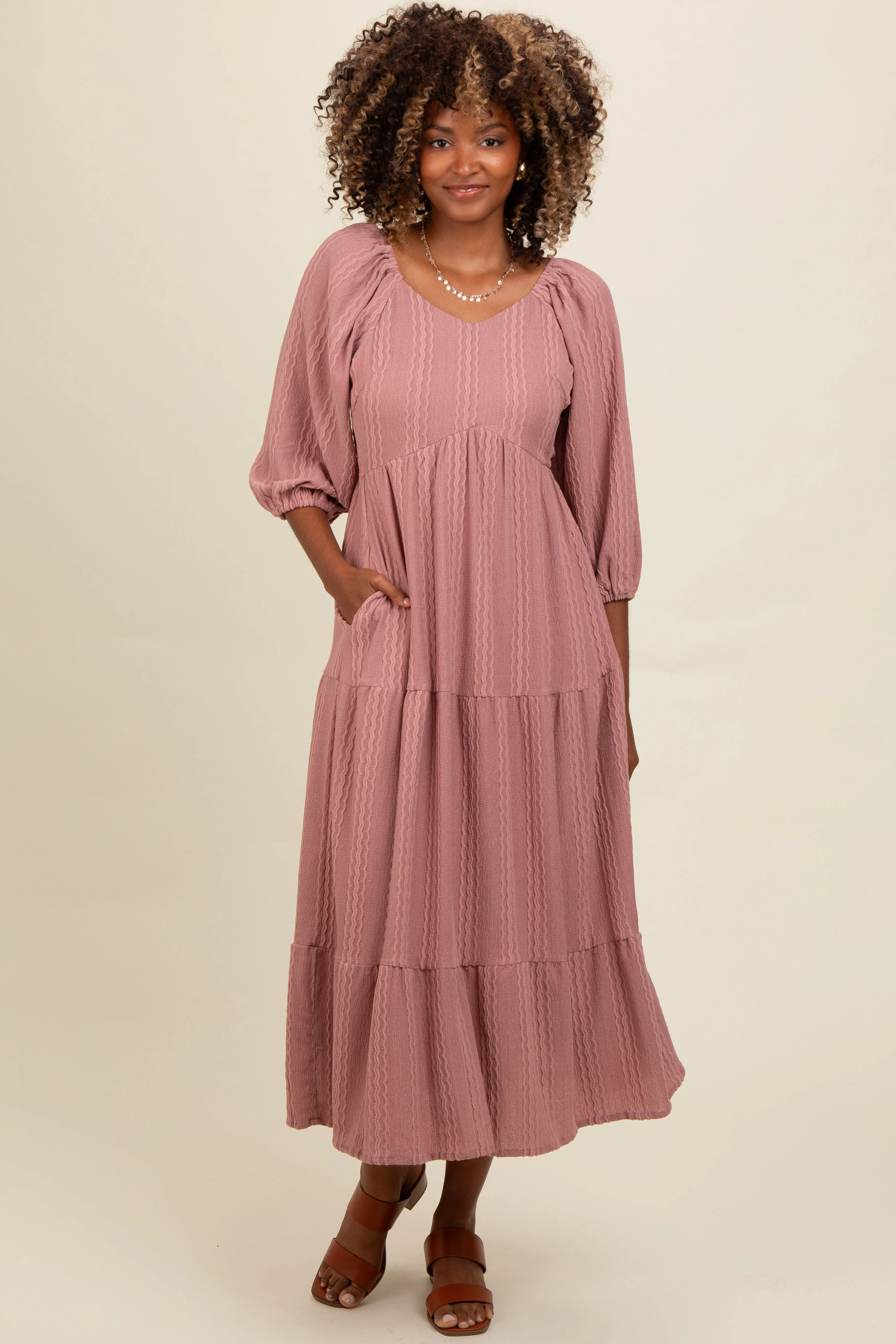 Mauve Embroidered Tiered Midi Dress sold by Pinkblush product image thumbnail 3