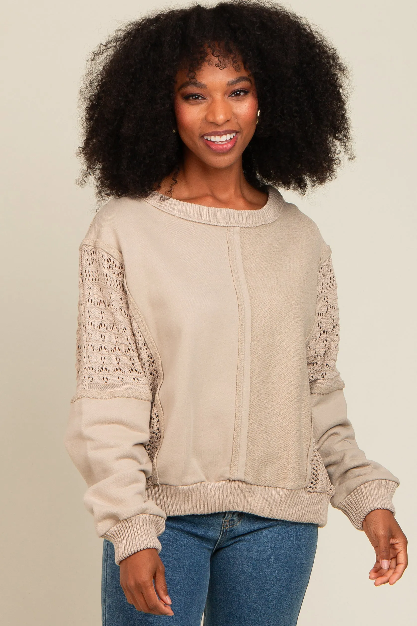 Beige Lace French Terry Top sold by Pinkblush