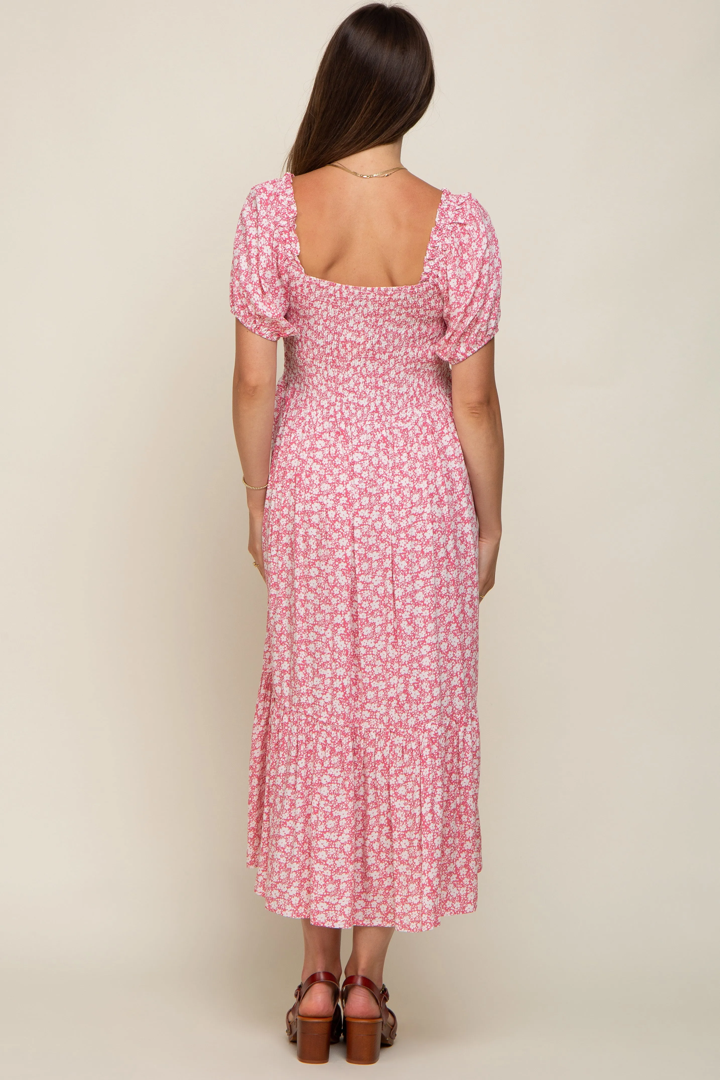 Pink Floral Smocked Short Sleeve Maternity Midi Dress sold by Pinkblush product image thumbnail 3
