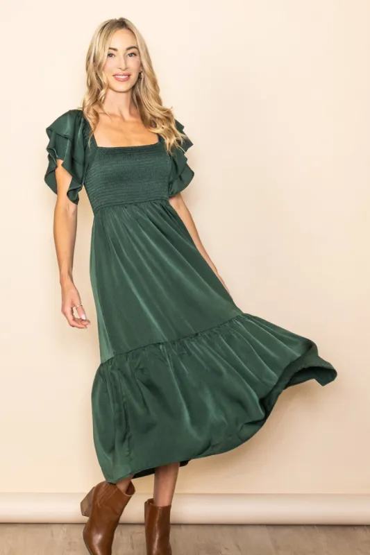 Forest Green Satin Flutter Sleeve Midi Dress sold by Pinkblush