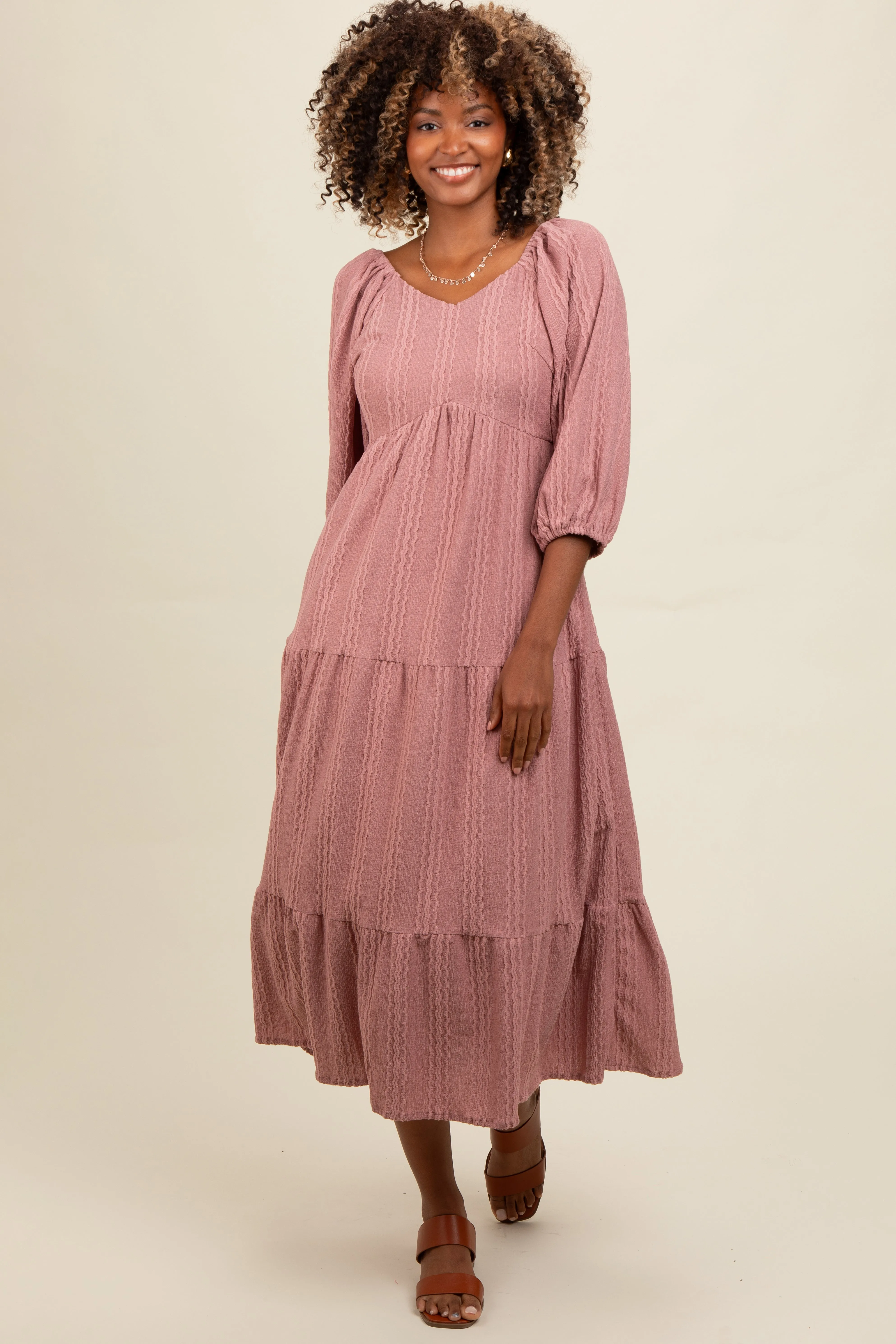 Mauve Embroidered Tiered Midi Dress sold by Pinkblush