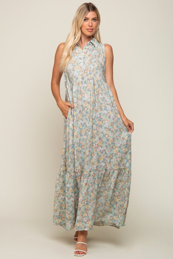 Mint Green Floral Collared Maxi Dress sold by Pinkblush product image thumbnail 5