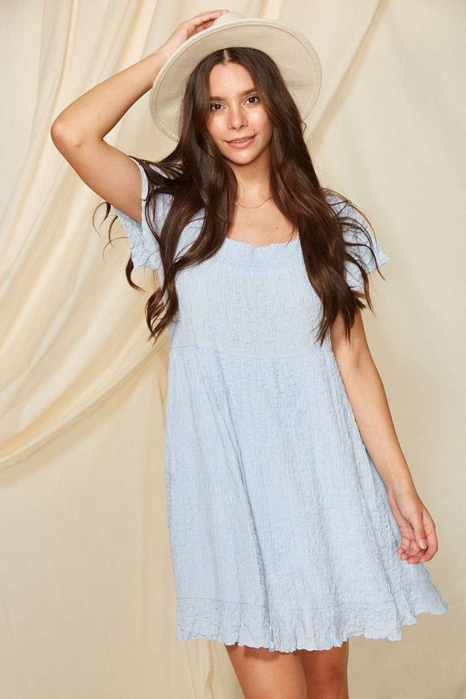 Sky Blue Textured Ruffle Sleeve Dress sold by Pinkblush