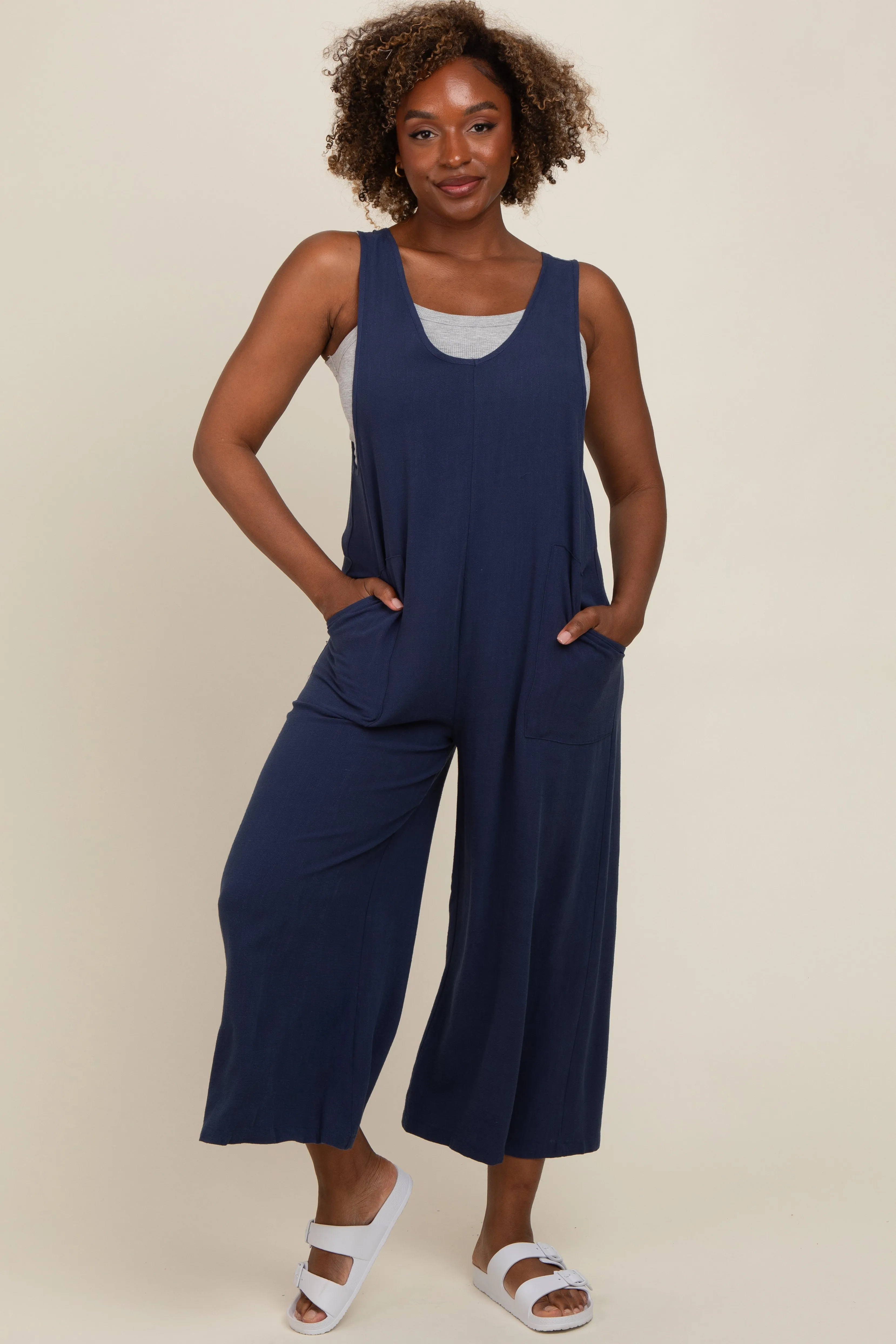 Navy Blue V-Neck Wide Leg Jumpsuit sold by Pinkblush