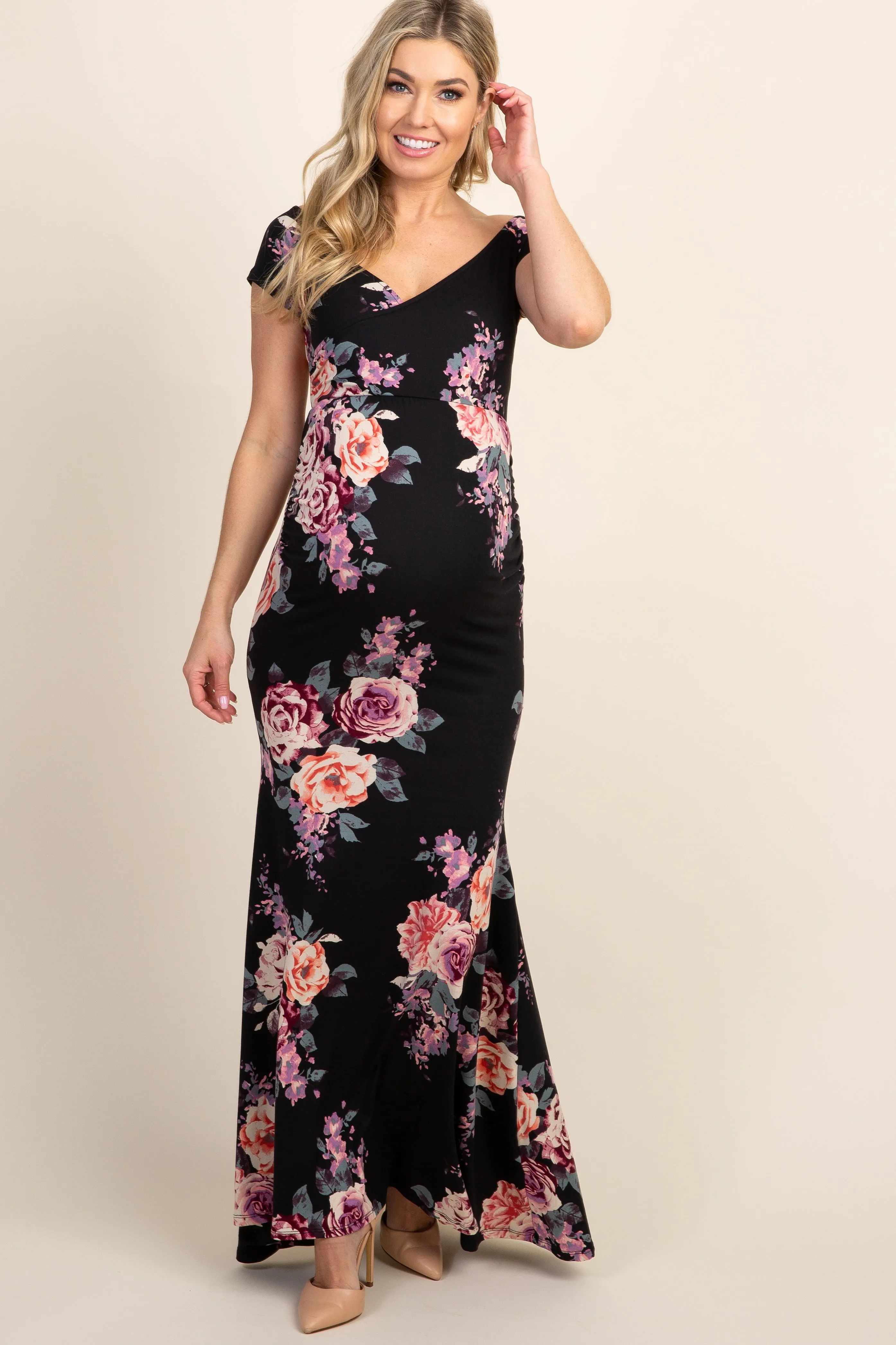 PinkBlush Black Rose Floral Off Shoulder Wrap Maternity Photoshoot Gown/Dress sold by Pinkblush