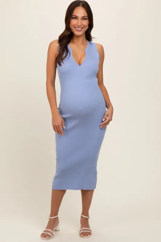Periwinkle V-Neck Knit Maternity Midi Dress sold by Pinkblush