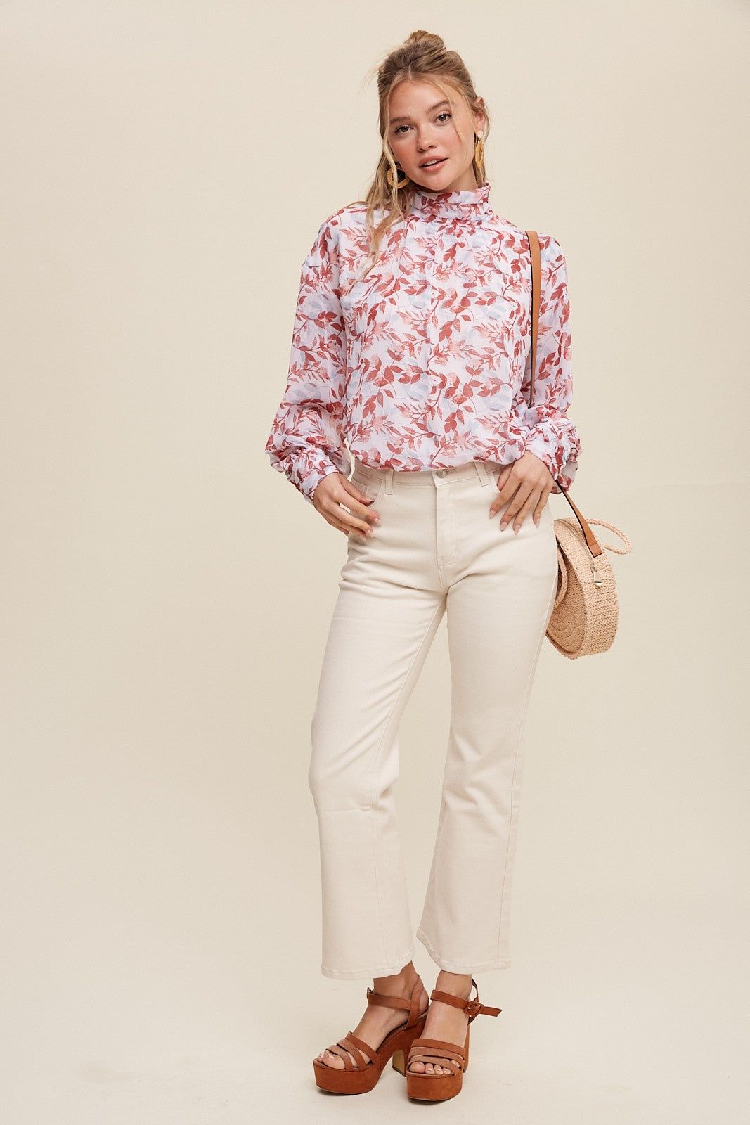 Burgundy Leaf Print Mock Neck Long Sleeve Blouse sold by Pinkblush