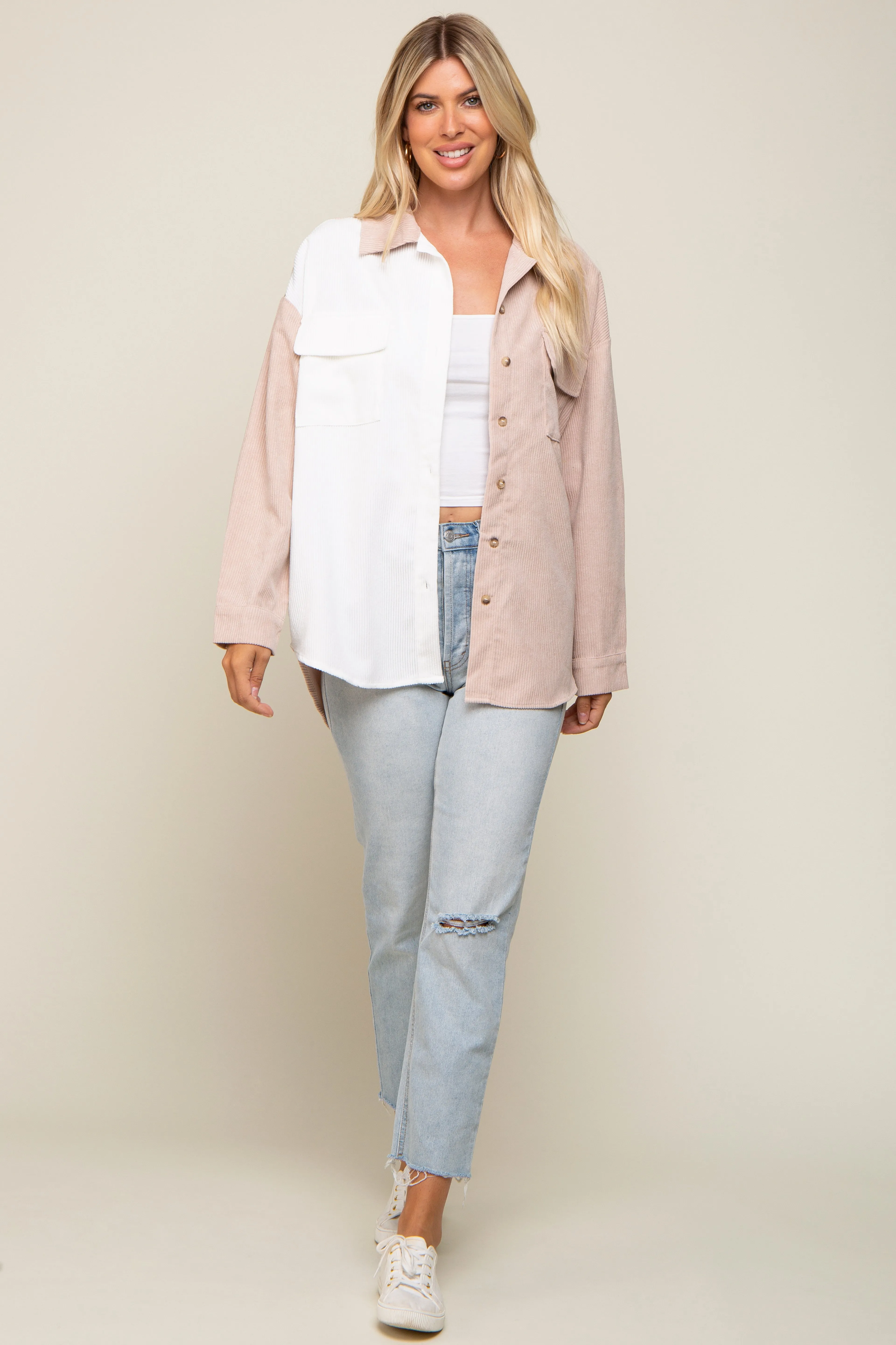 Beige Color blocked Courdoroy Button Down Top sold by Pinkblush product image thumbnail 4