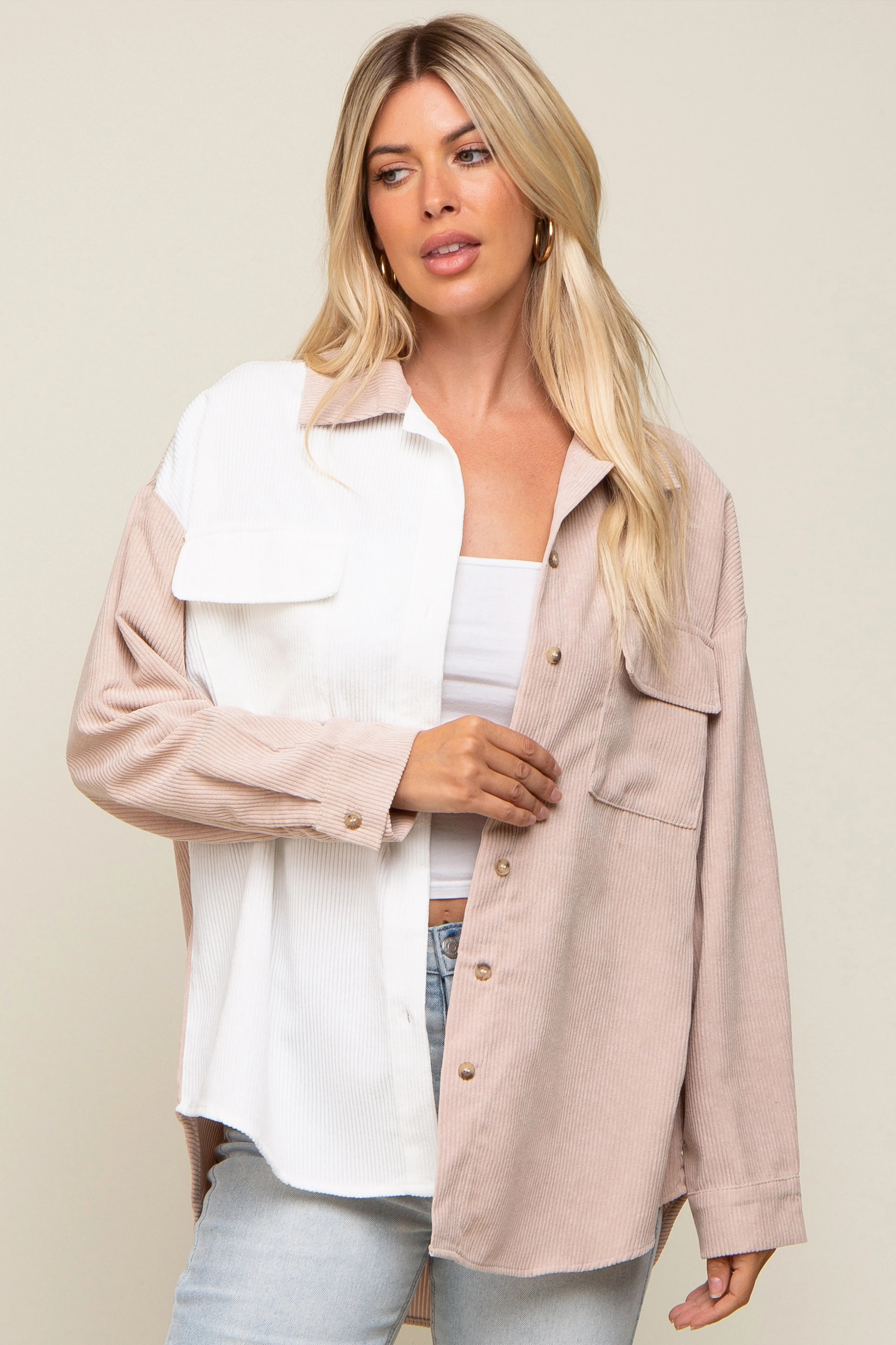 Beige Color blocked Courdoroy Button Down Top sold by Pinkblush