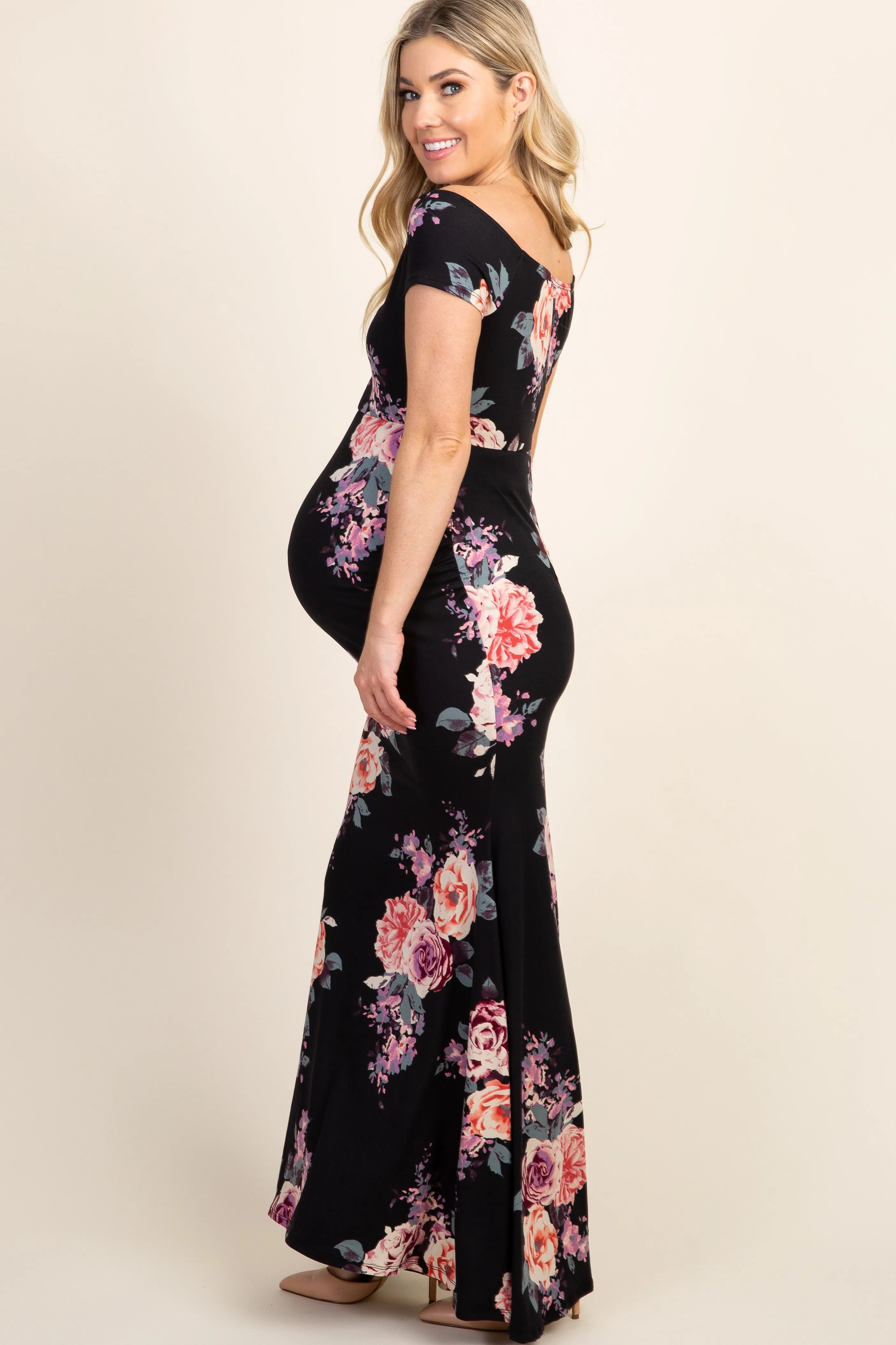 PinkBlush Black Rose Floral Off Shoulder Wrap Maternity Photoshoot Gown/Dress sold by Pinkblush product image thumbnail 2