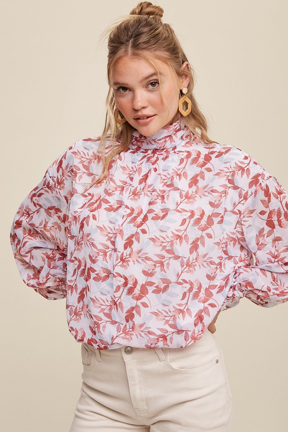 Burgundy Leaf Print Mock Neck Long Sleeve Blouse sold by Pinkblush product image thumbnail 2