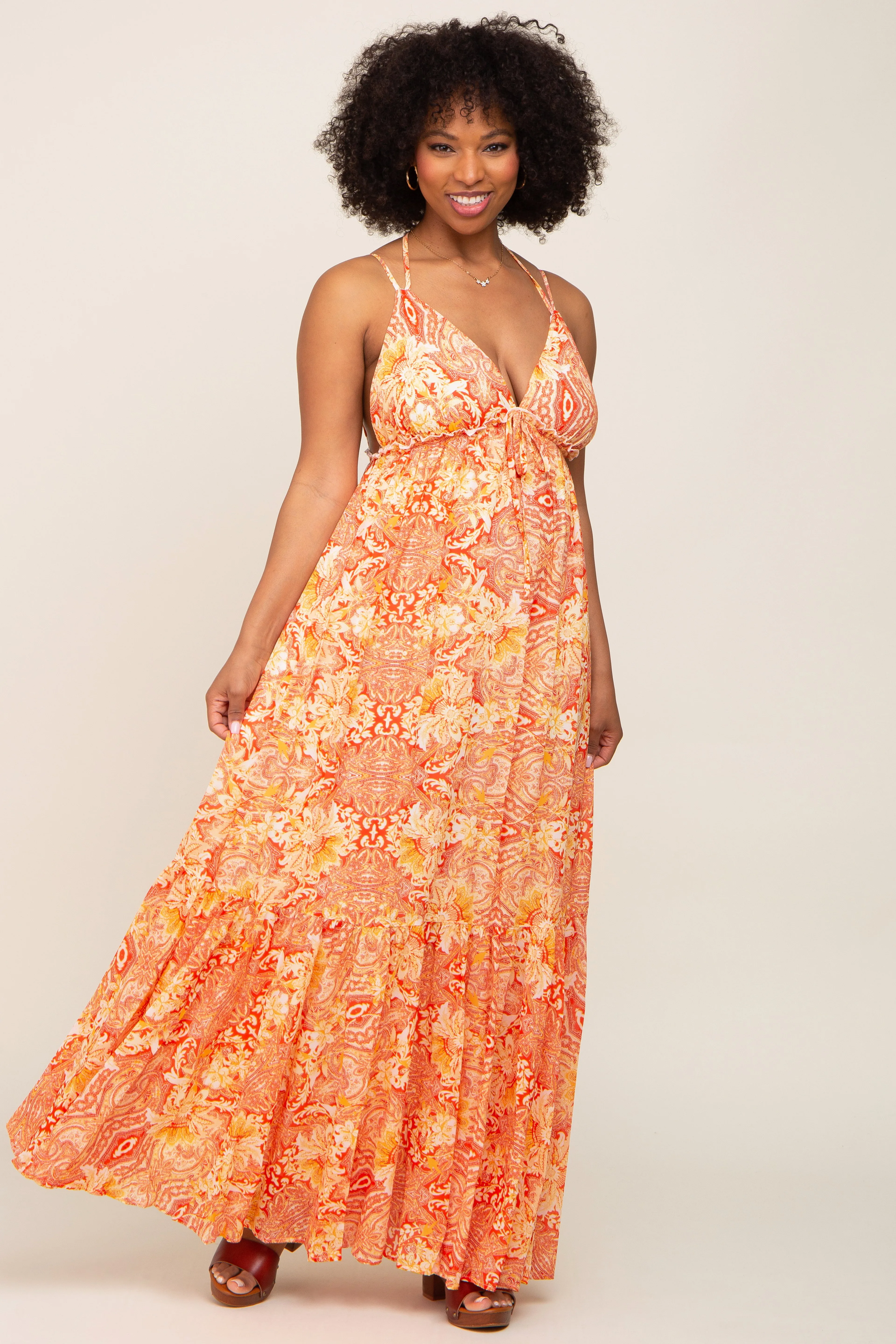 Orange Printed Halter Dress sold by Pinkblush