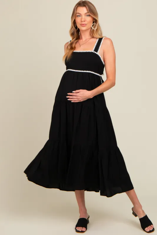 Black Scallop Trim Tiered Maternity Midi Dress sold by Pinkblush