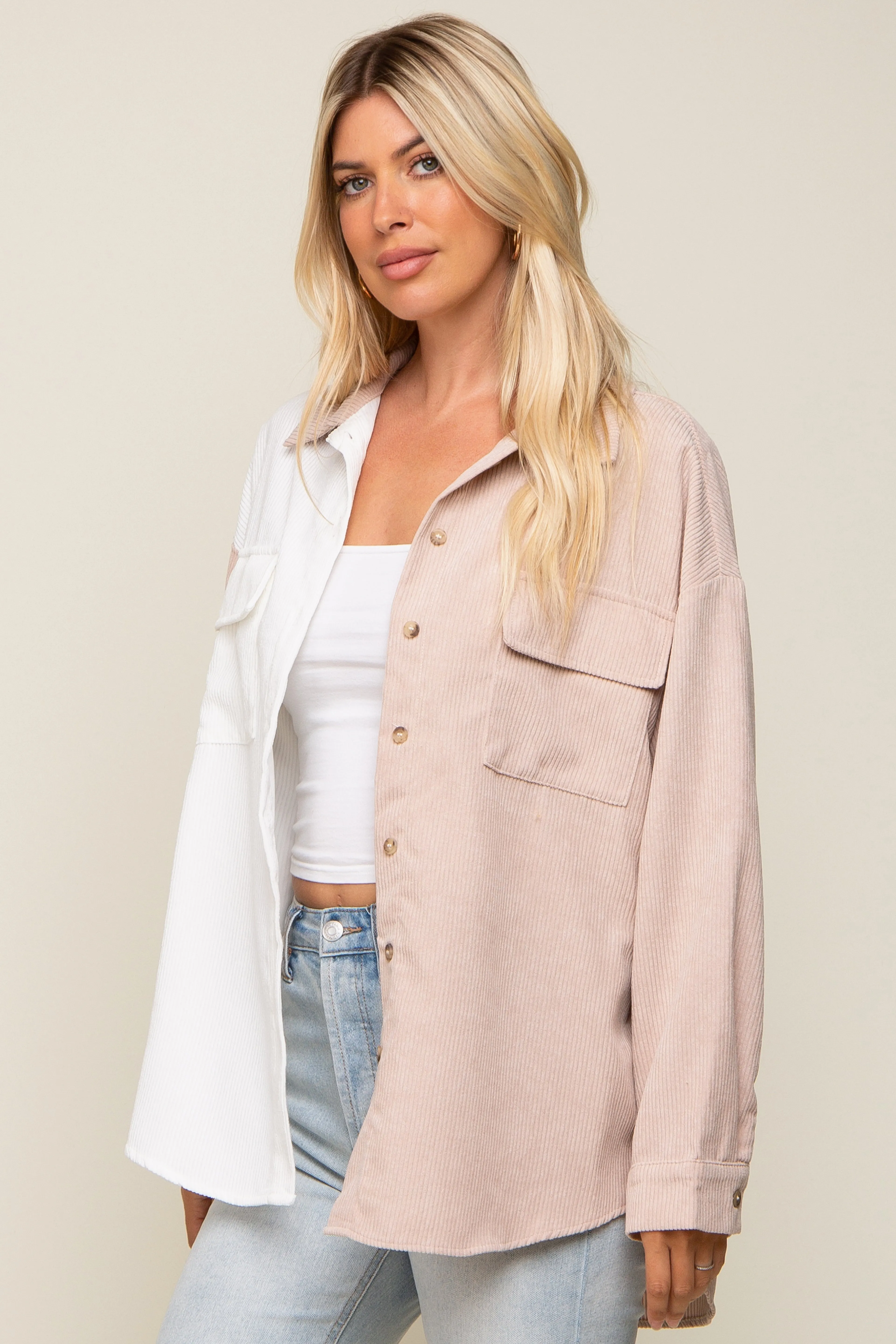 Beige Color blocked Courdoroy Button Down Top sold by Pinkblush product image thumbnail 2