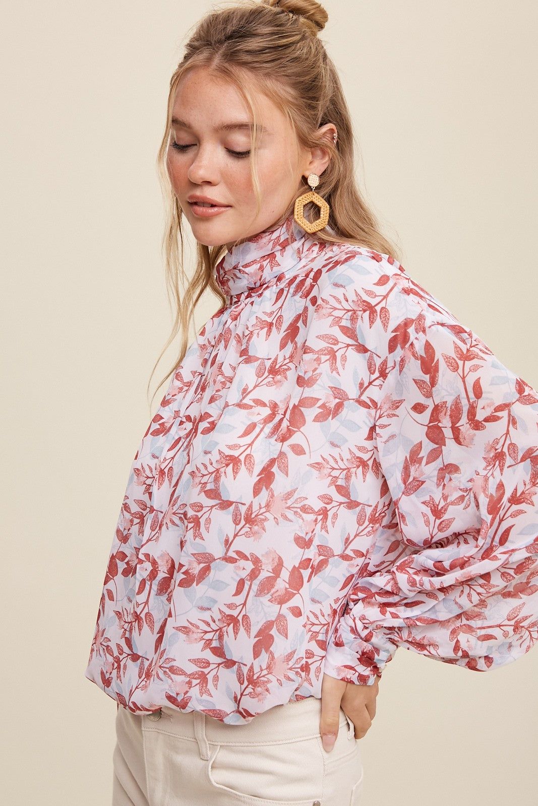 Burgundy Leaf Print Mock Neck Long Sleeve Blouse sold by Pinkblush product image thumbnail 3