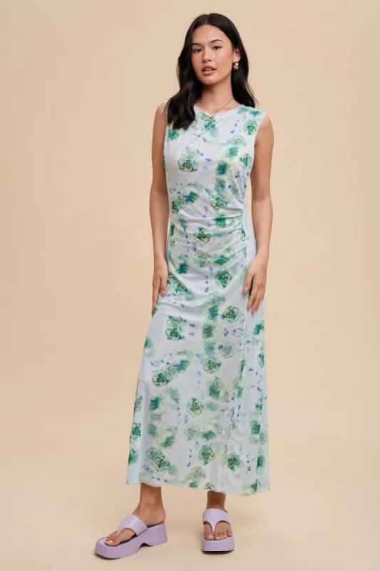 Light Blue Rose Print Ruched Mesh Dress sold by Pinkblush