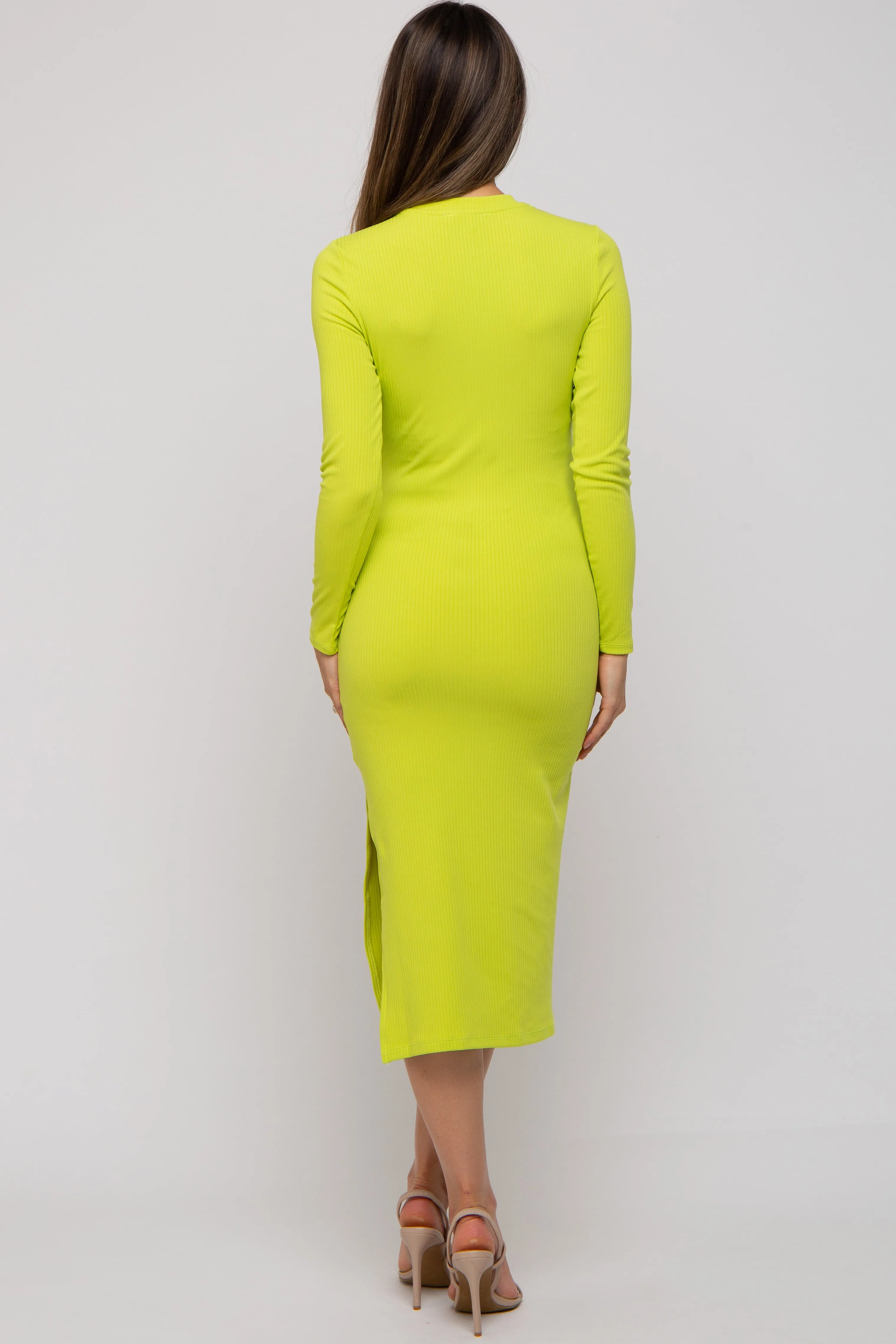 Lime Ribbed Mock Neck Long Sleeve Maternity Midi Dress sold by Pinkblush product image thumbnail 3