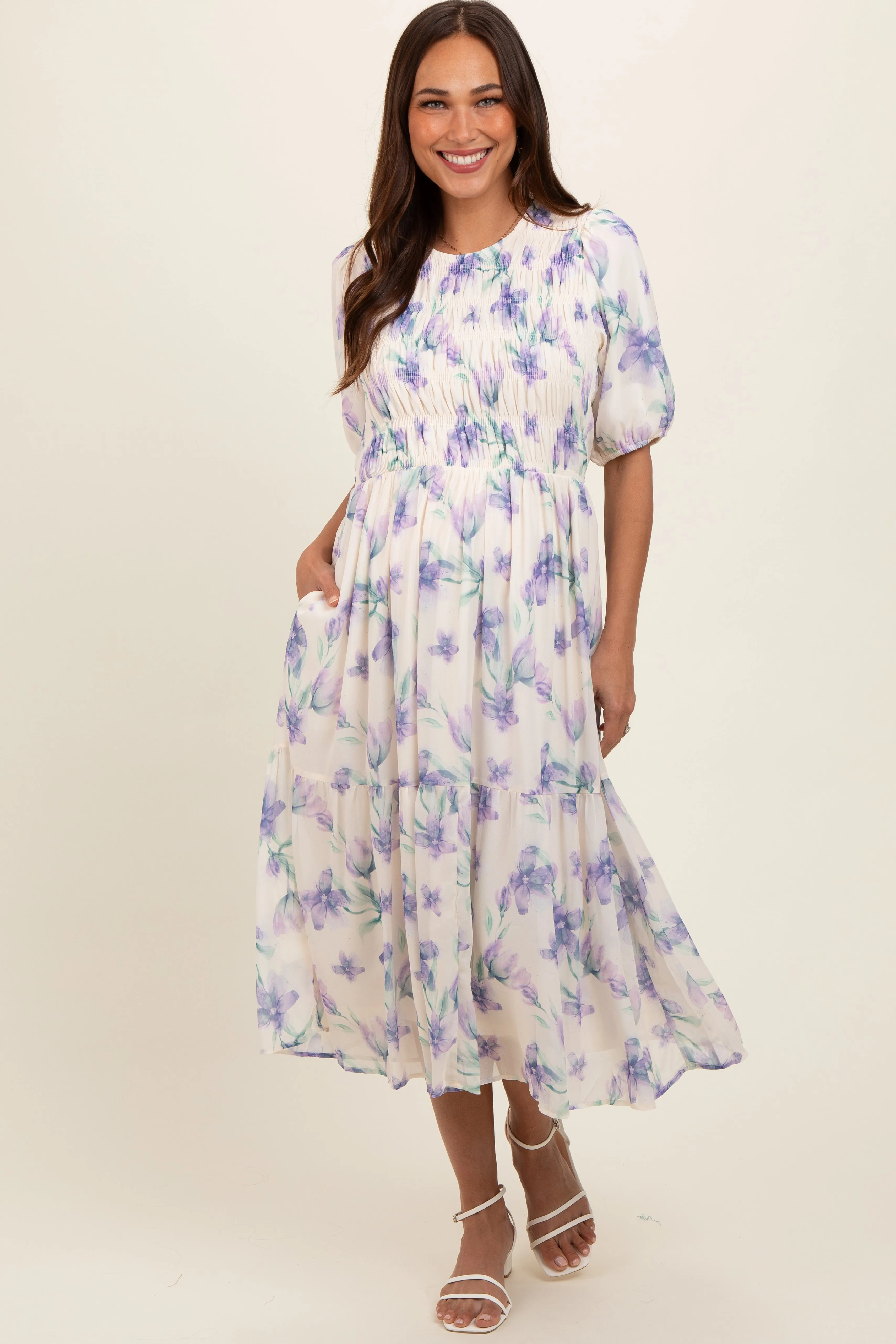 Cream Smocked Ruffle Hem Maternity Midi Dress sold by Pinkblush