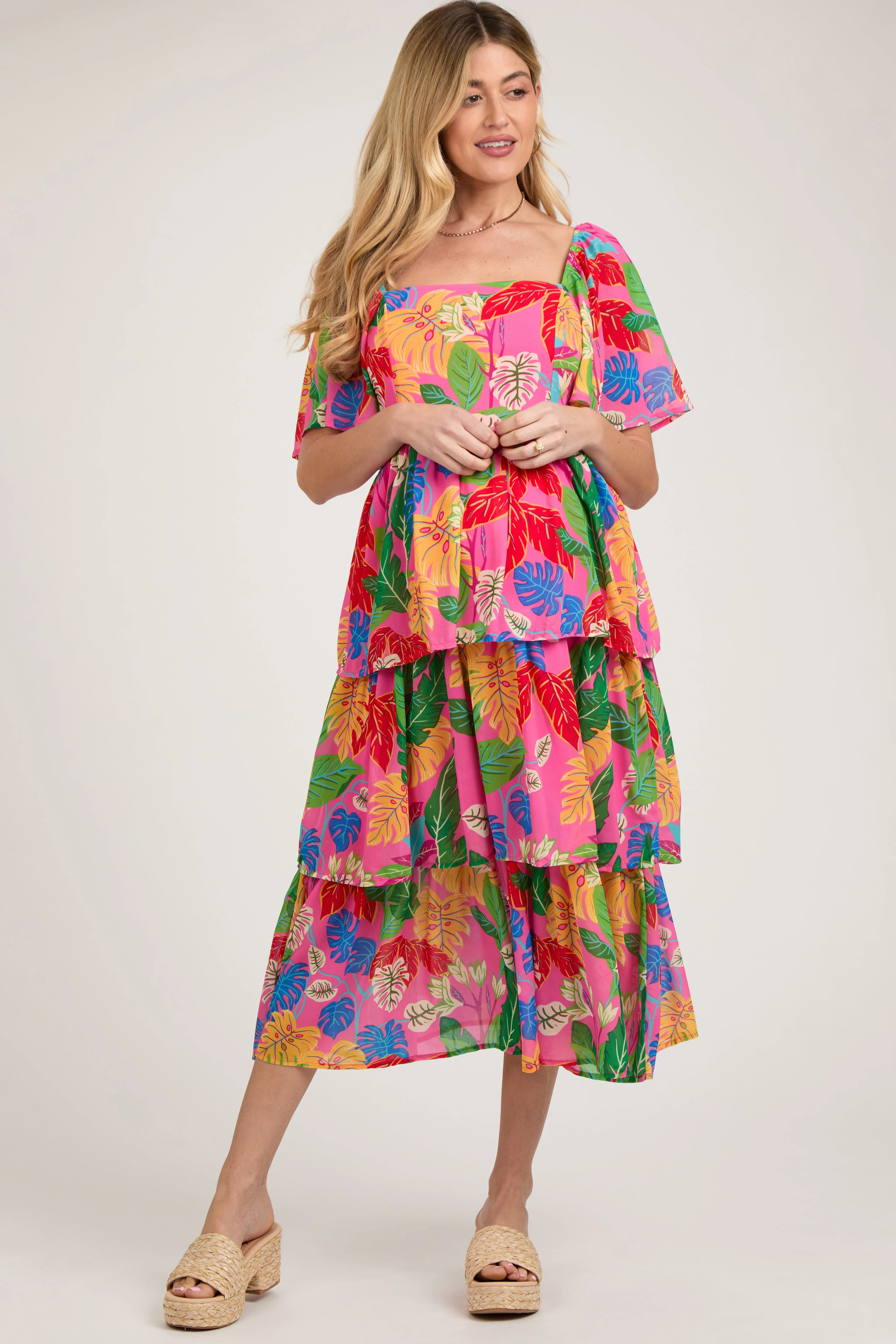 Fuchsia Leaf Print Side Cutout Tiered Maternity Midi Dress sold by Pinkblush
