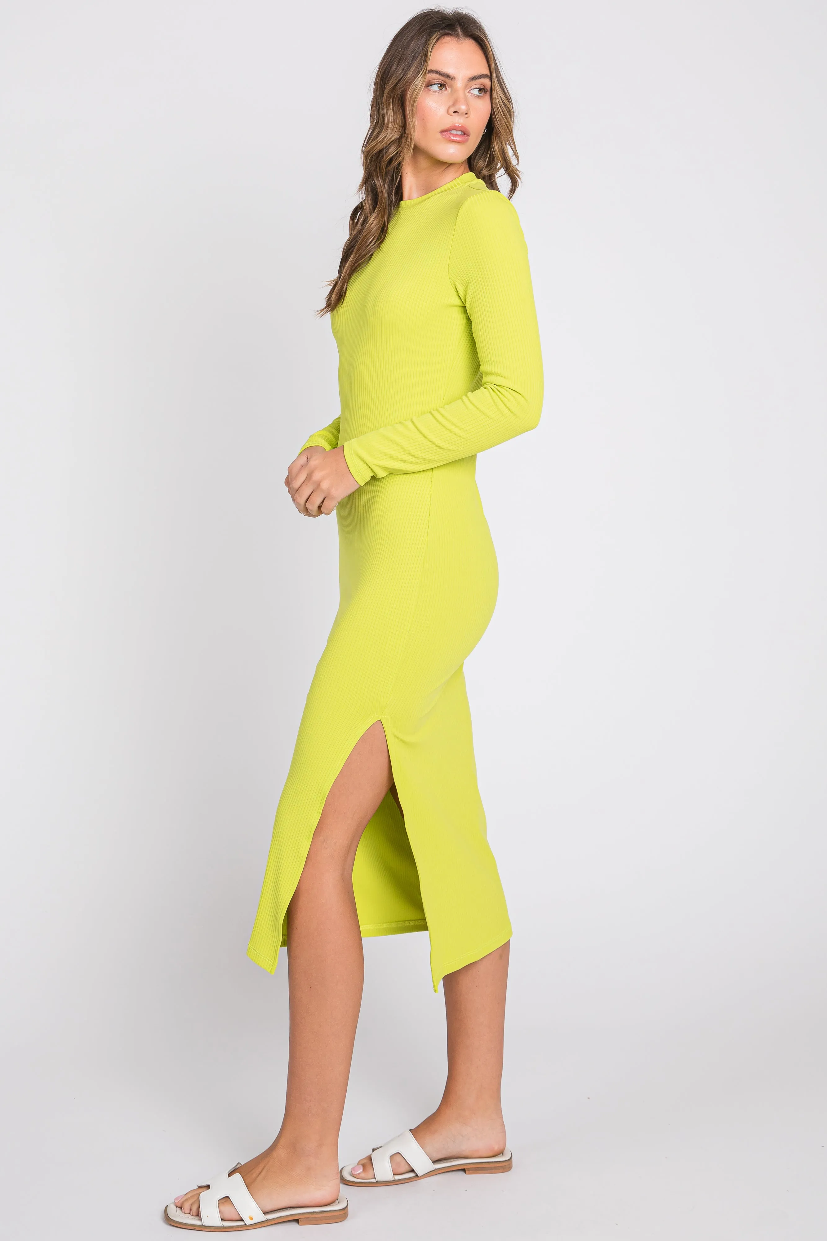 Lime Ribbed Mock Neck Long Sleeve Maternity Midi Dress sold by Pinkblush product image thumbnail 4
