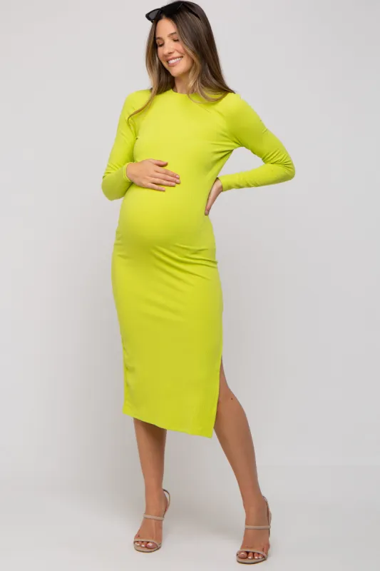 Lime Ribbed Mock Neck Long Sleeve Maternity Midi Dress sold by Pinkblush