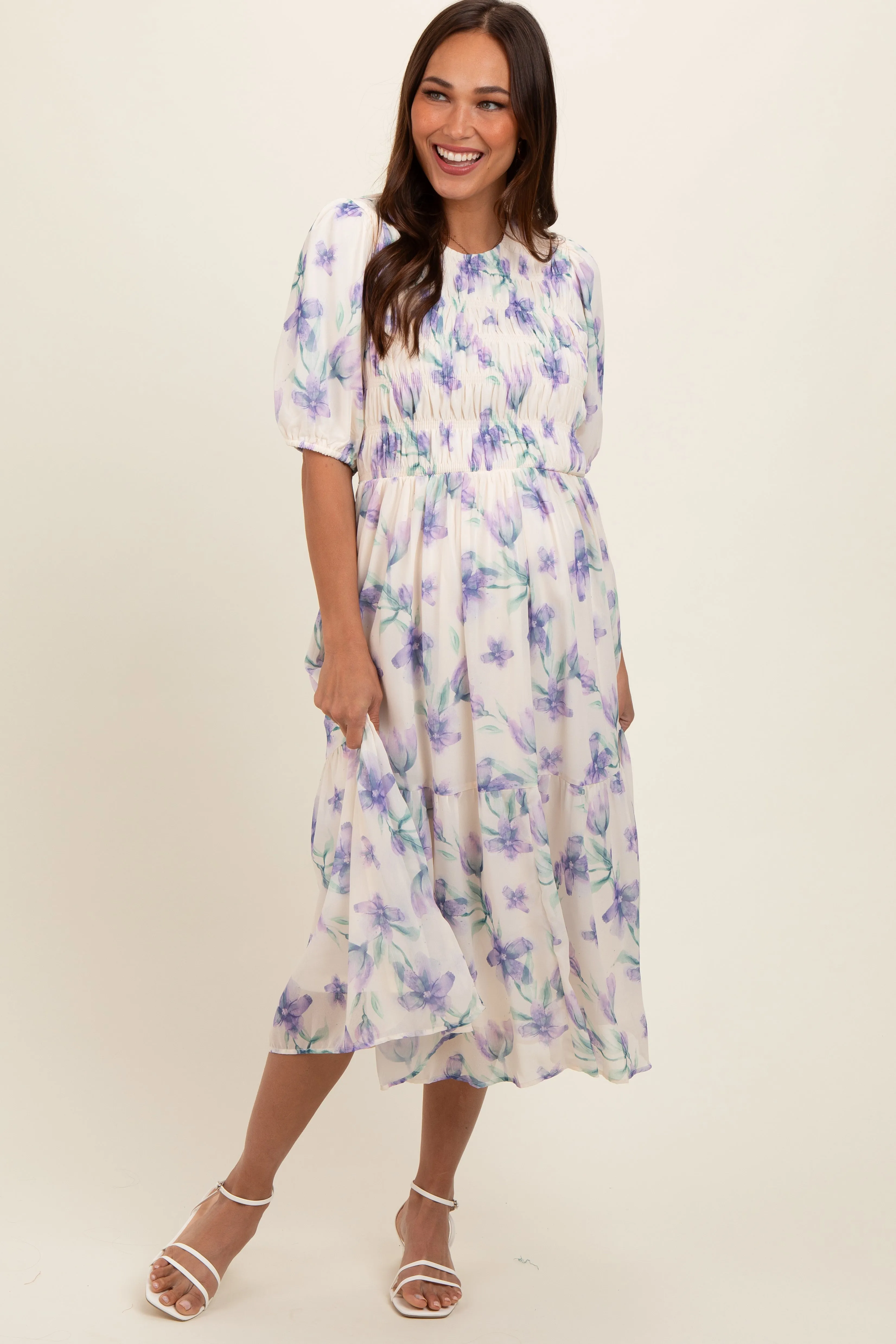 Cream Smocked Ruffle Hem Maternity Midi Dress sold by Pinkblush product image thumbnail 2