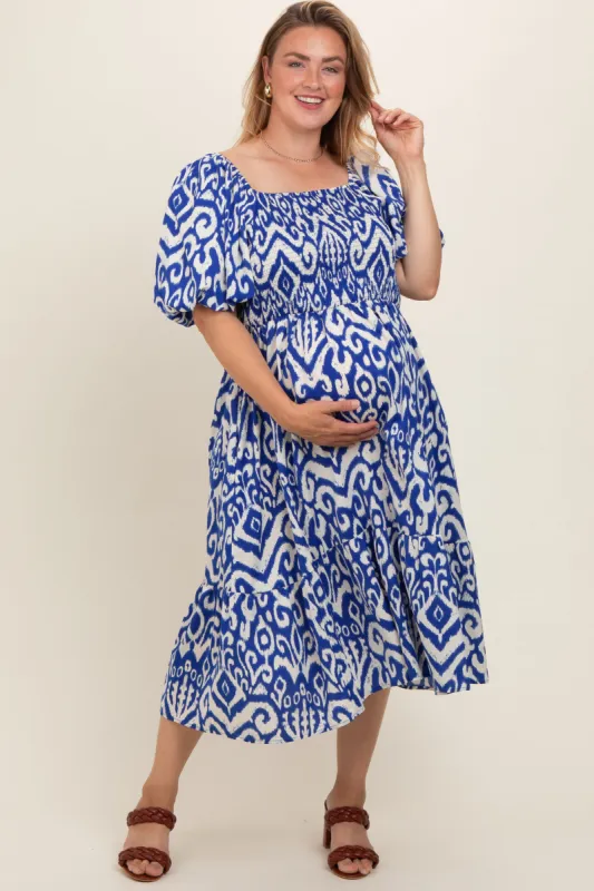 Royal Printed Smocked Puff Sleeve Plus Maternity Midi Dress sold by Pinkblush