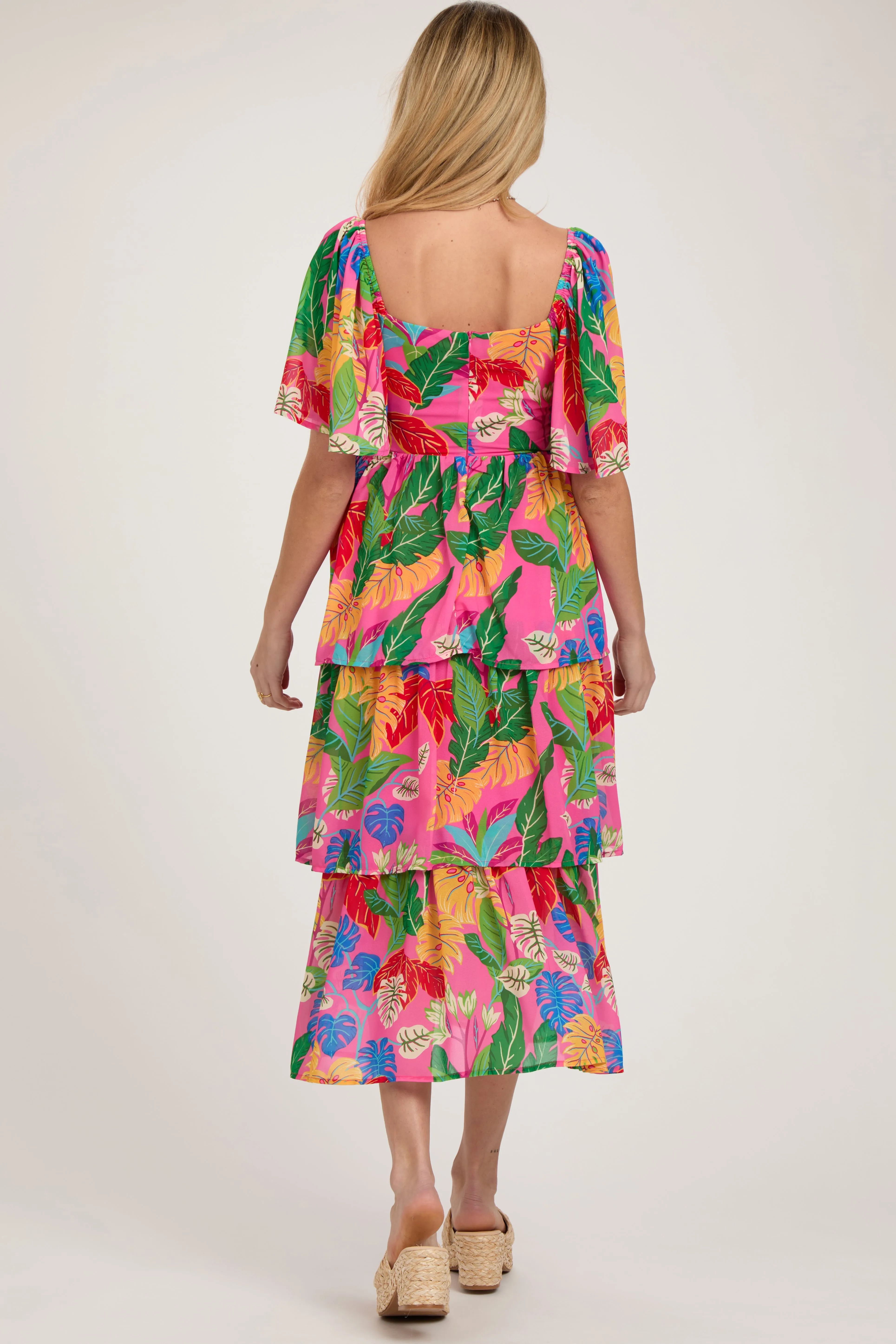 Fuchsia Leaf Print Side Cutout Tiered Maternity Midi Dress sold by Pinkblush product image thumbnail 2