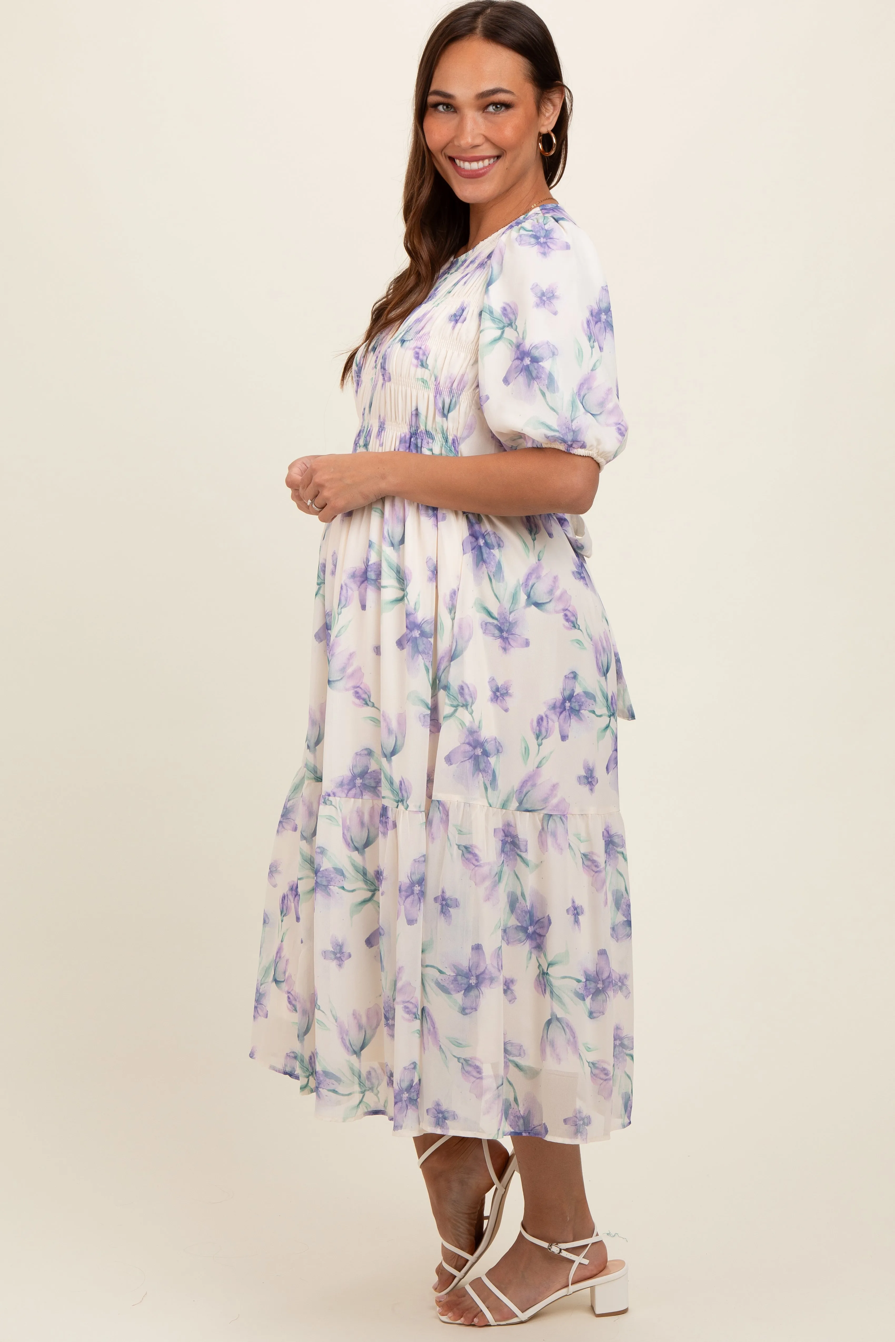 Cream Smocked Ruffle Hem Maternity Midi Dress sold by Pinkblush product image thumbnail 3