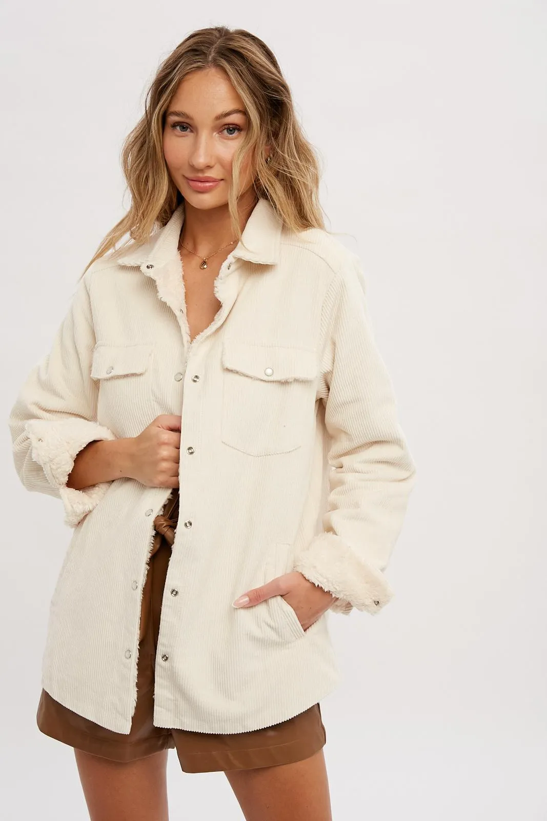 Cream Corduroy Sherpa Lined Shacket sold by Pinkblush product image thumbnail 2