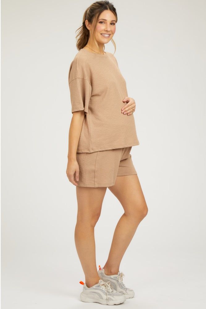 Taupe Ribbed Short Sleeve Maternity Short Set sold by Pinkblush product image thumbnail 2