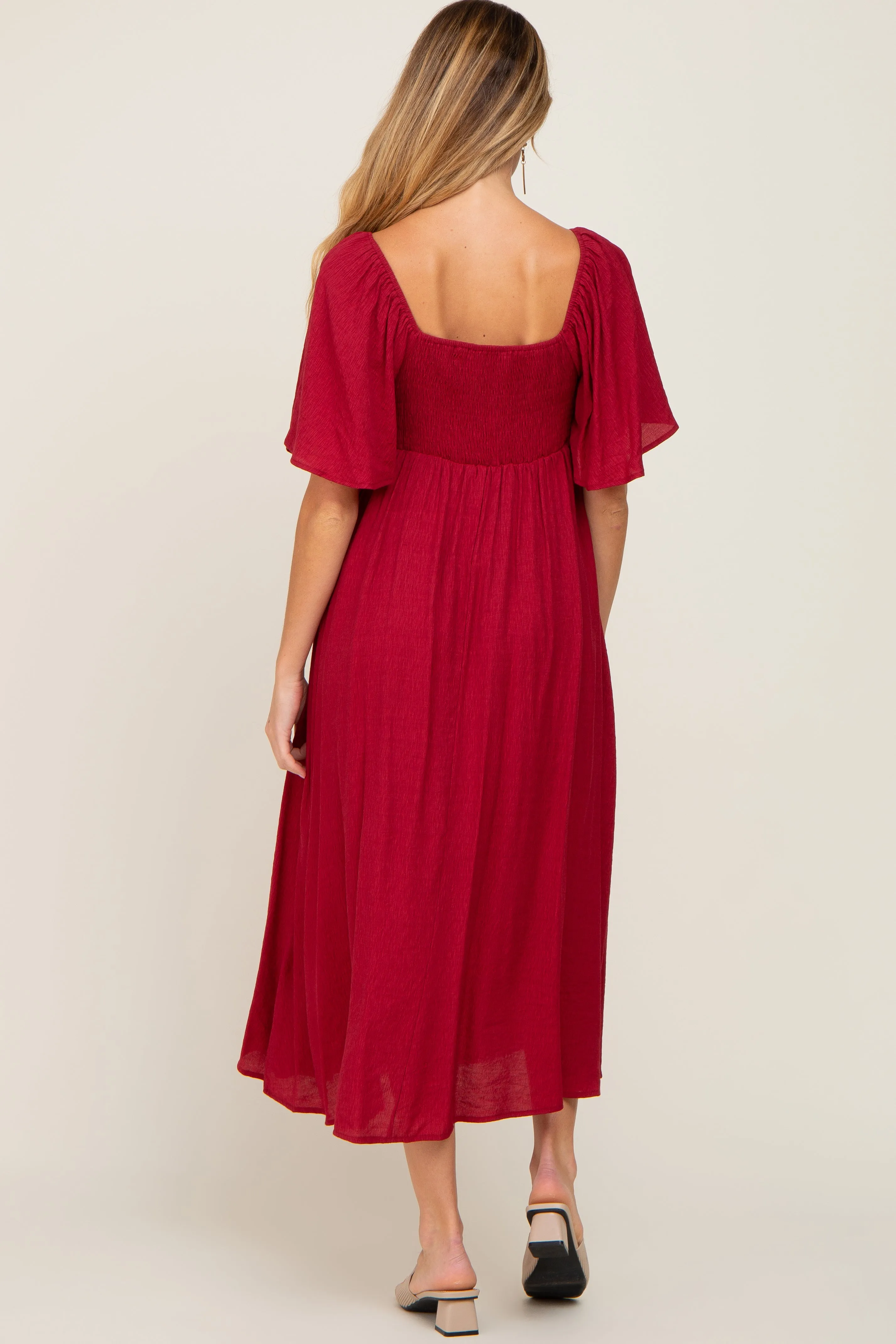 Burgundy Front Tie Ruffle Sleeve Maternity Midi Dress sold by Pinkblush product image thumbnail 3