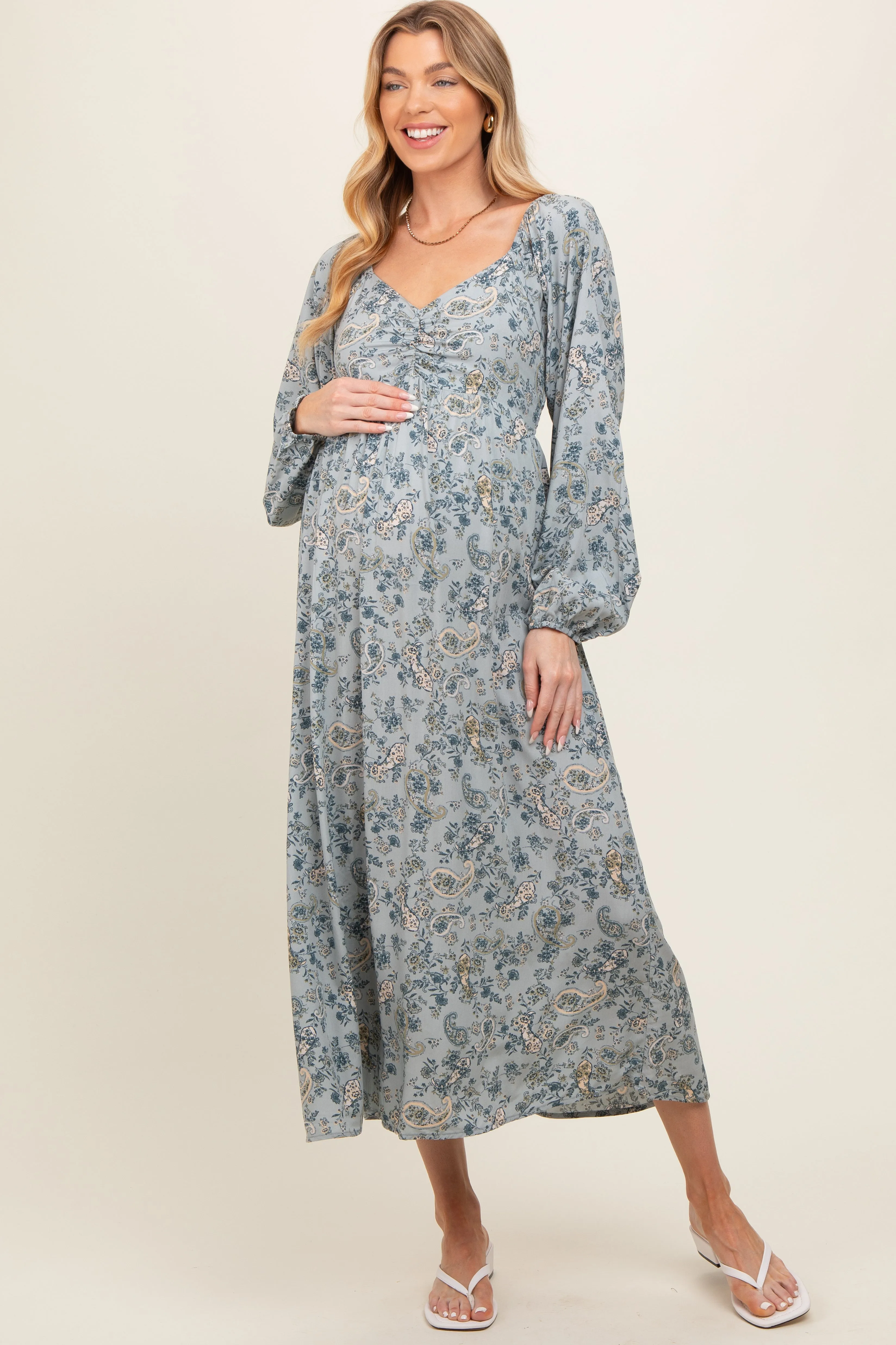 Light Blue Floral Paisley Long Sleeve Maternity Midi Dress sold by Pinkblush