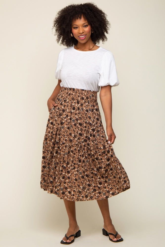 Brown Floral Smocked Maternity Midi Skirt sold by Pinkblush product image thumbnail 8