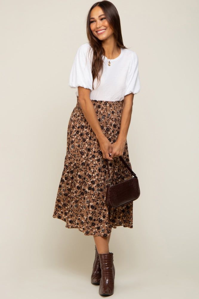 Brown Floral Smocked Maternity Midi Skirt sold by Pinkblush product image thumbnail 2