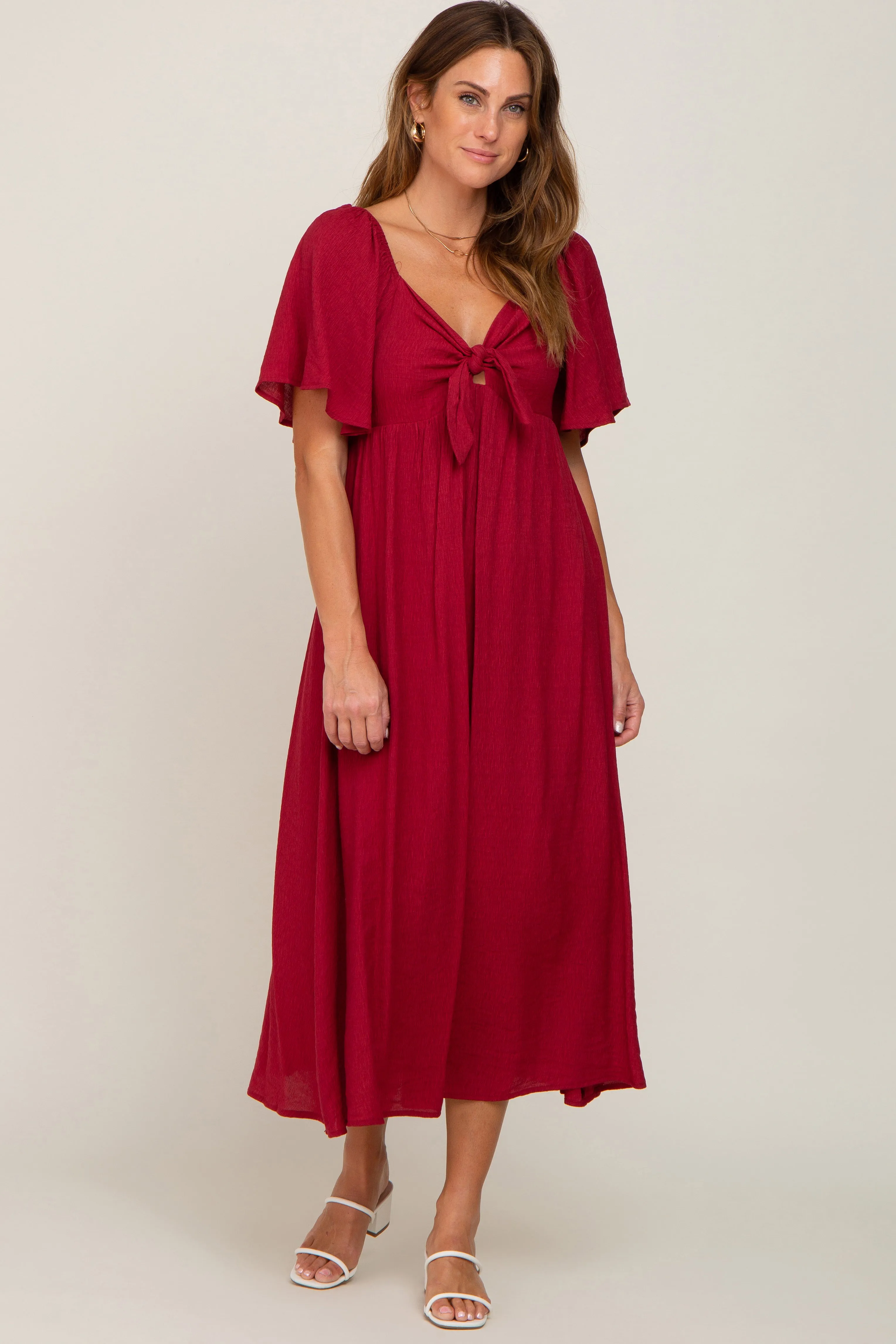 Burgundy Front Tie Ruffle Sleeve Maternity Midi Dress sold by Pinkblush product image thumbnail 4