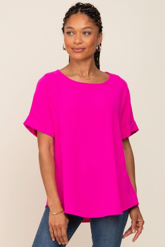 Fuchsia Rolled Cuff Short Sleeve Blouse sold by Pinkblush