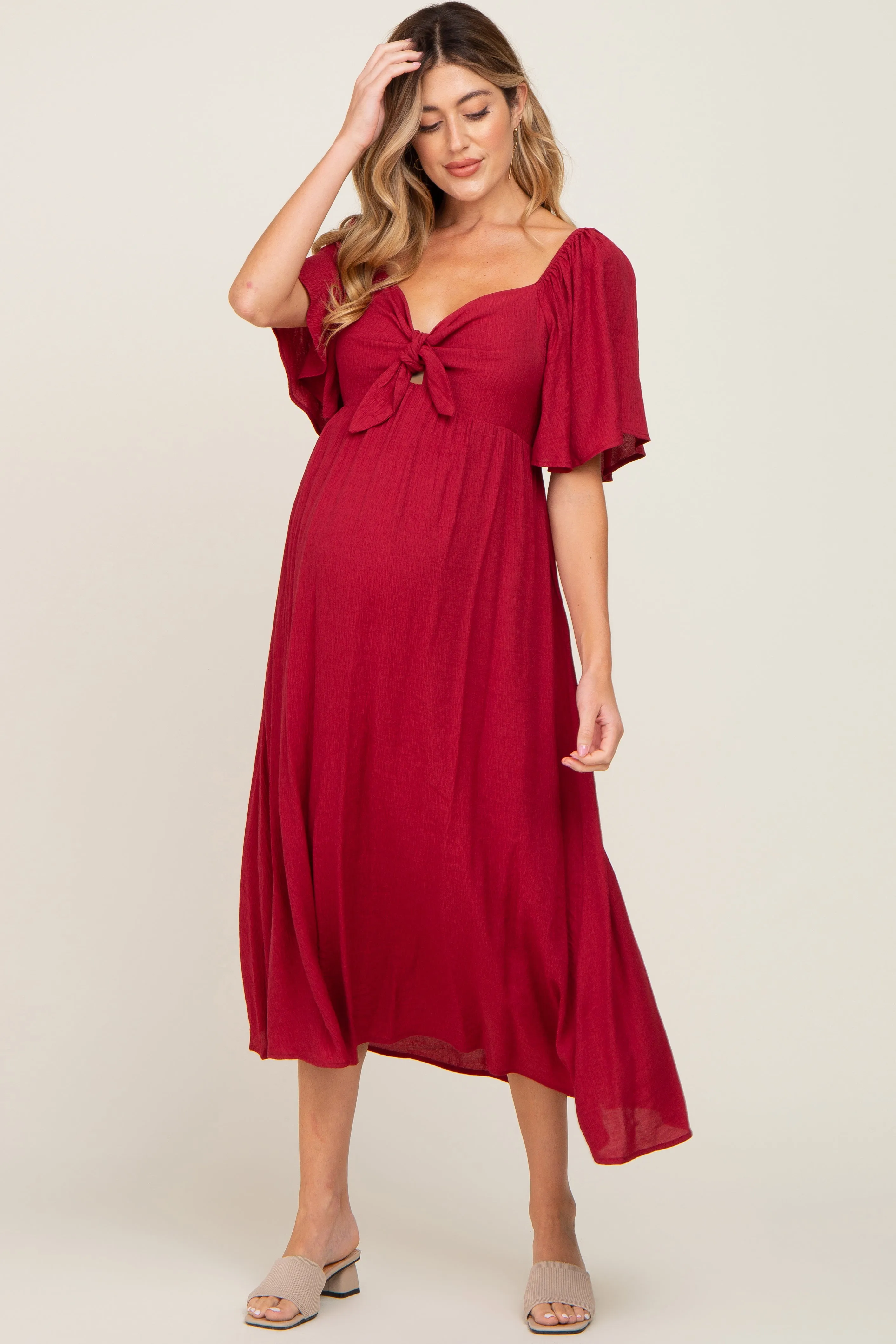 Burgundy Front Tie Ruffle Sleeve Maternity Midi Dress sold by Pinkblush