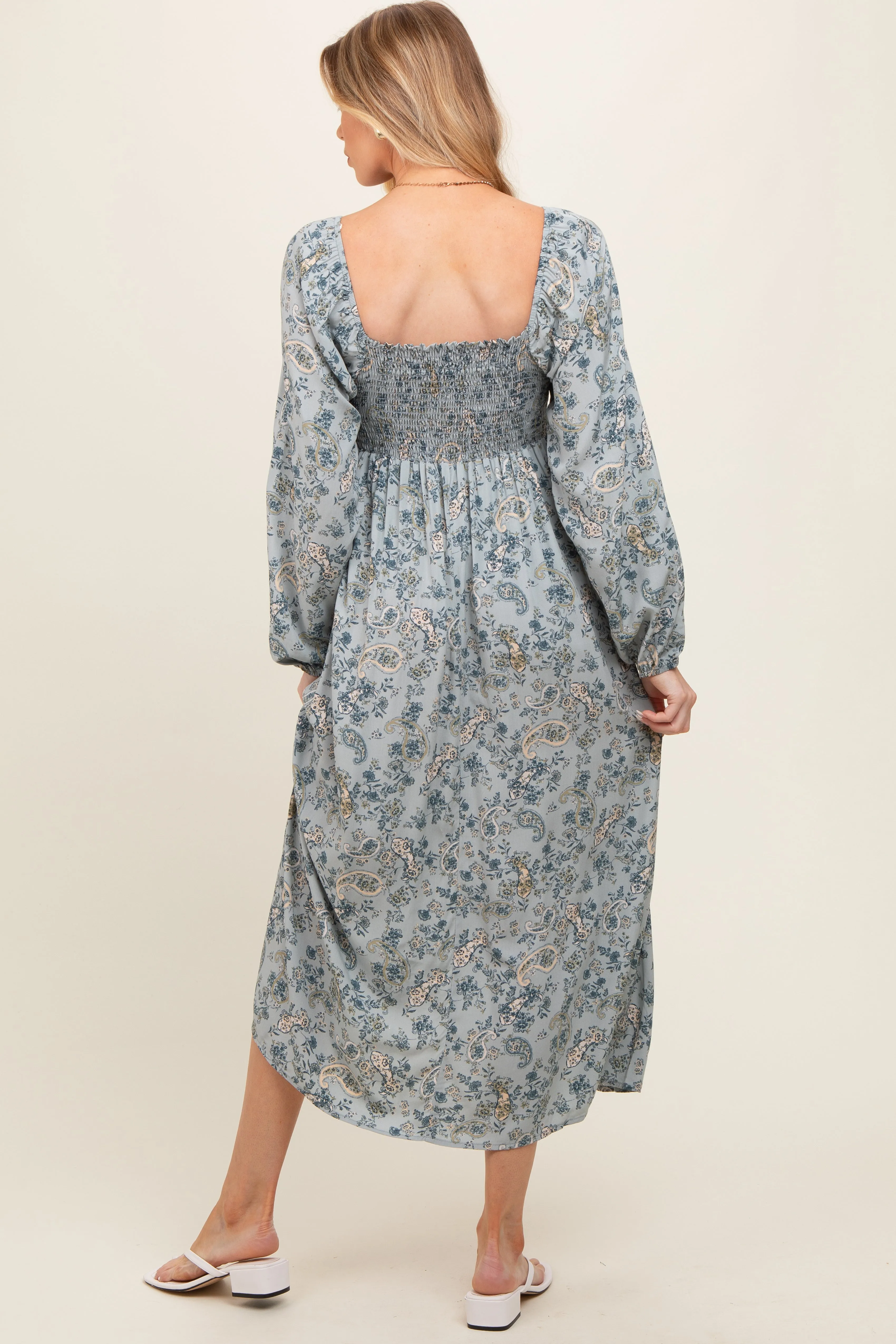 Light Blue Floral Paisley Long Sleeve Maternity Midi Dress sold by Pinkblush product image thumbnail 2