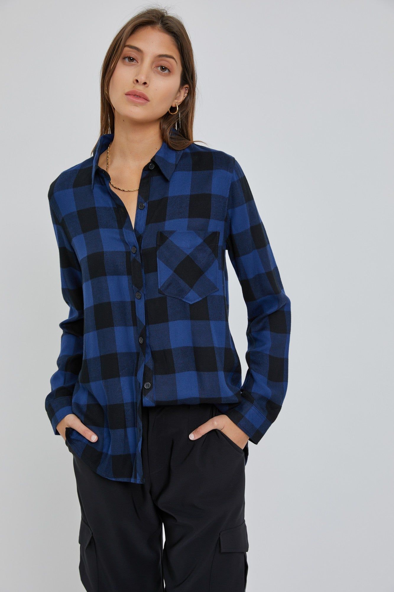 Royal Blue Checkered Long Sleeve Button Down Top sold by Pinkblush