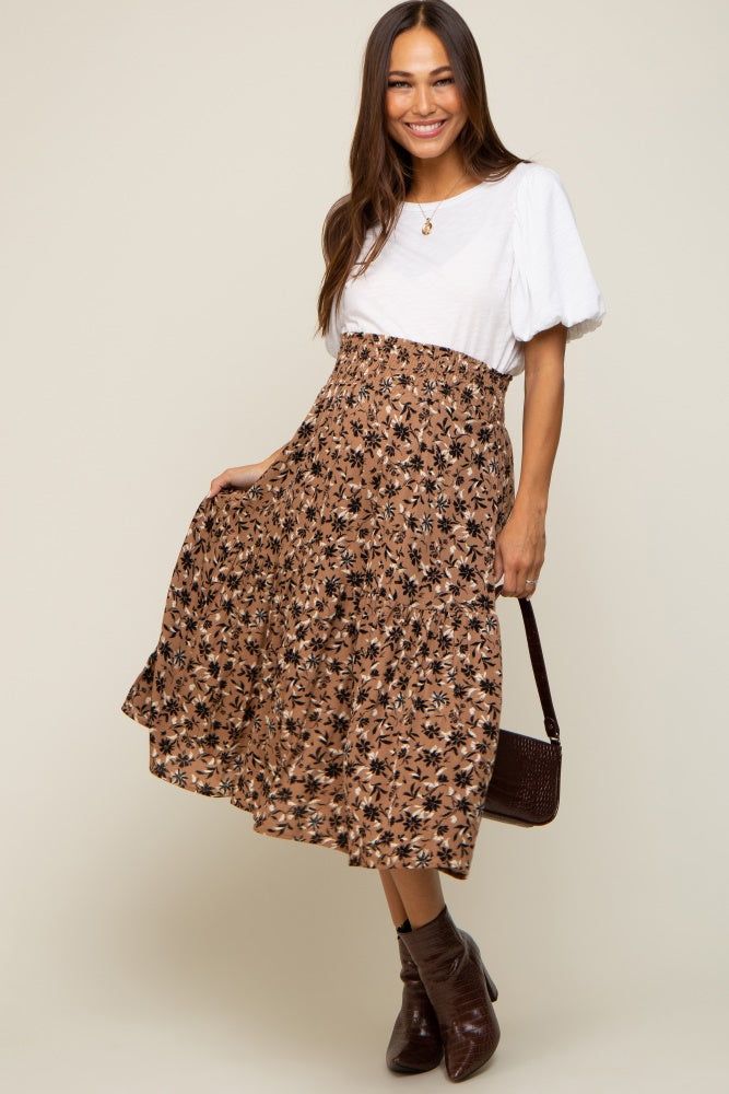 Brown Floral Smocked Maternity Midi Skirt sold by Pinkblush product image thumbnail 6