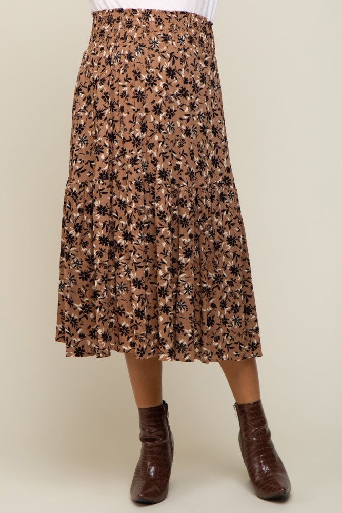 Brown Floral Smocked Maternity Midi Skirt sold by Pinkblush product image thumbnail 3
