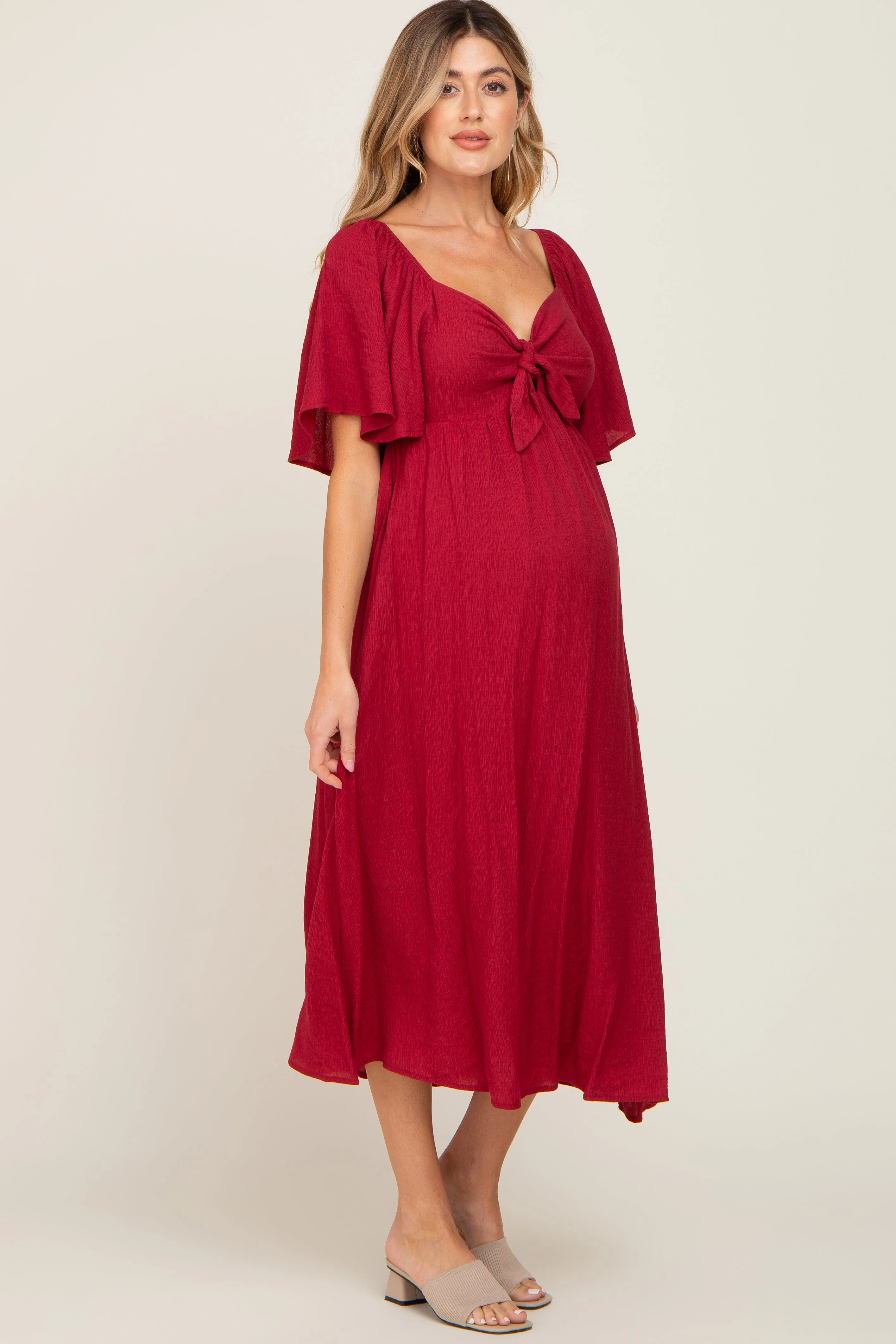 Burgundy Front Tie Ruffle Sleeve Maternity Midi Dress sold by Pinkblush product image thumbnail 2