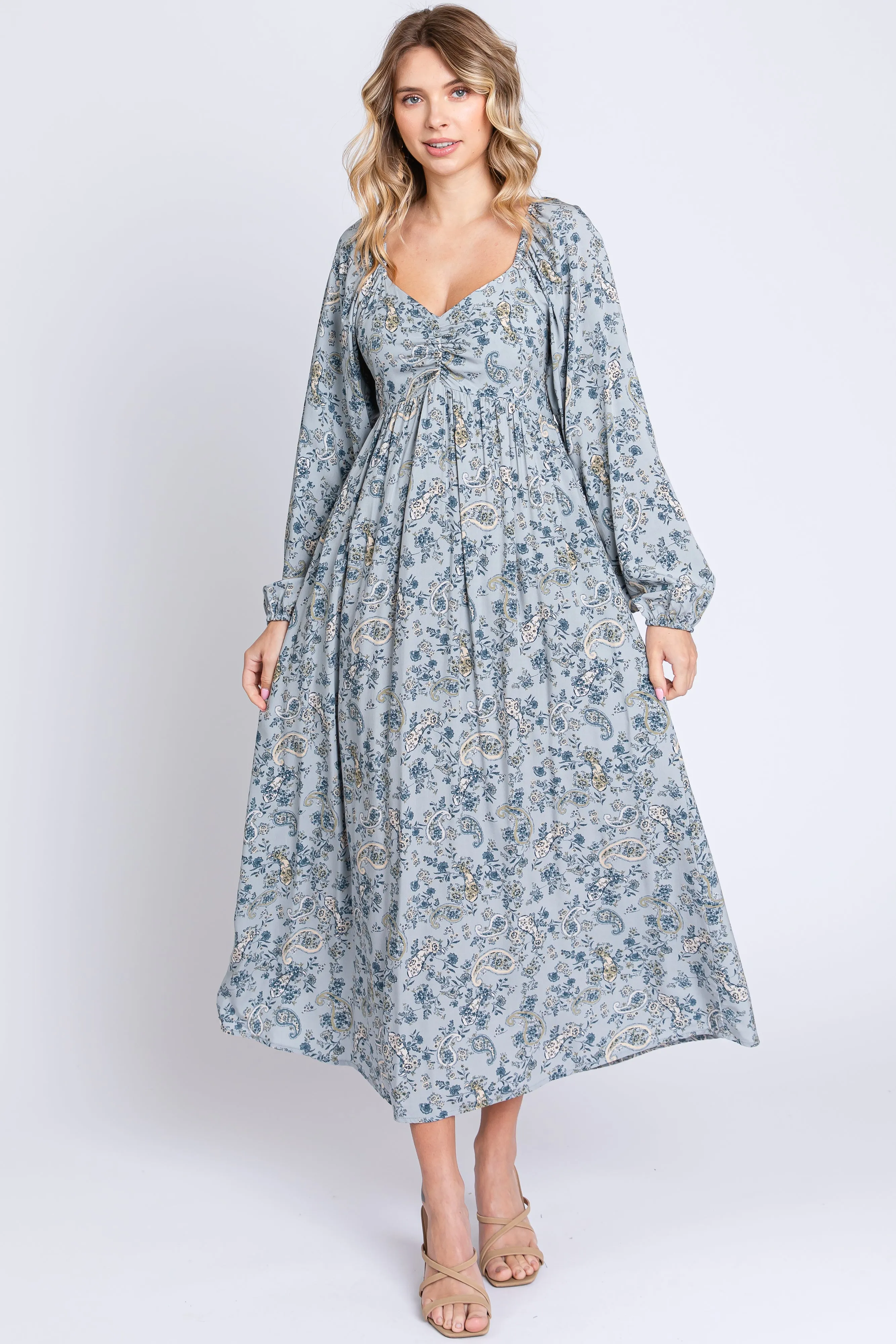 Light Blue Floral Paisley Long Sleeve Maternity Midi Dress sold by Pinkblush product image thumbnail 3