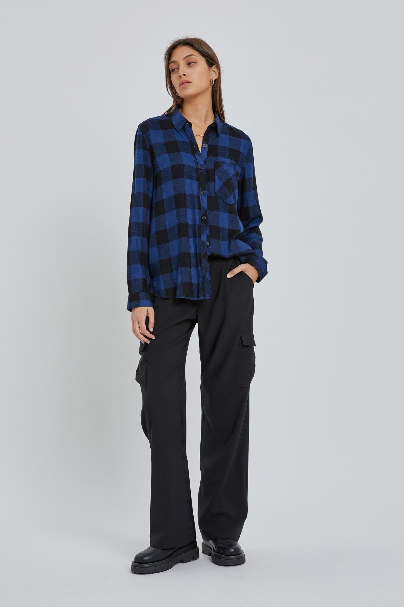 Royal Blue Checkered Long Sleeve Button Down Top sold by Pinkblush product image thumbnail 2
