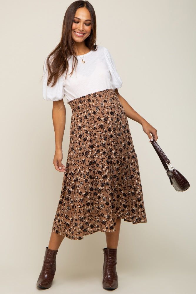 Brown Floral Smocked Maternity Midi Skirt sold by Pinkblush product image thumbnail 7