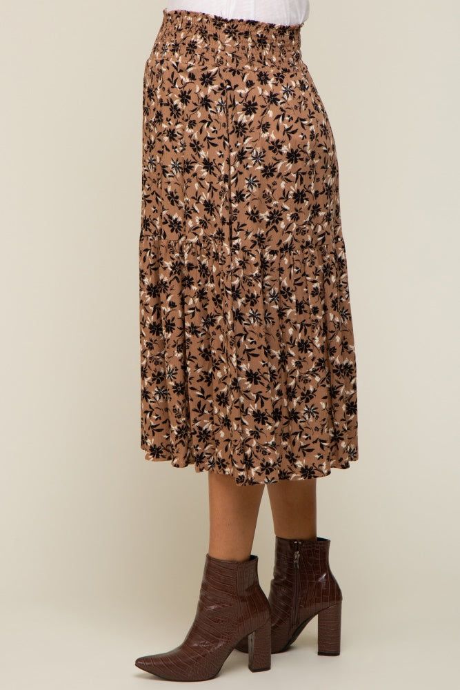 Brown Floral Smocked Maternity Midi Skirt sold by Pinkblush product image thumbnail 4