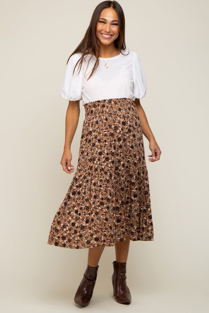 Brown Floral Smocked Maternity Midi Skirt sold by Pinkblush