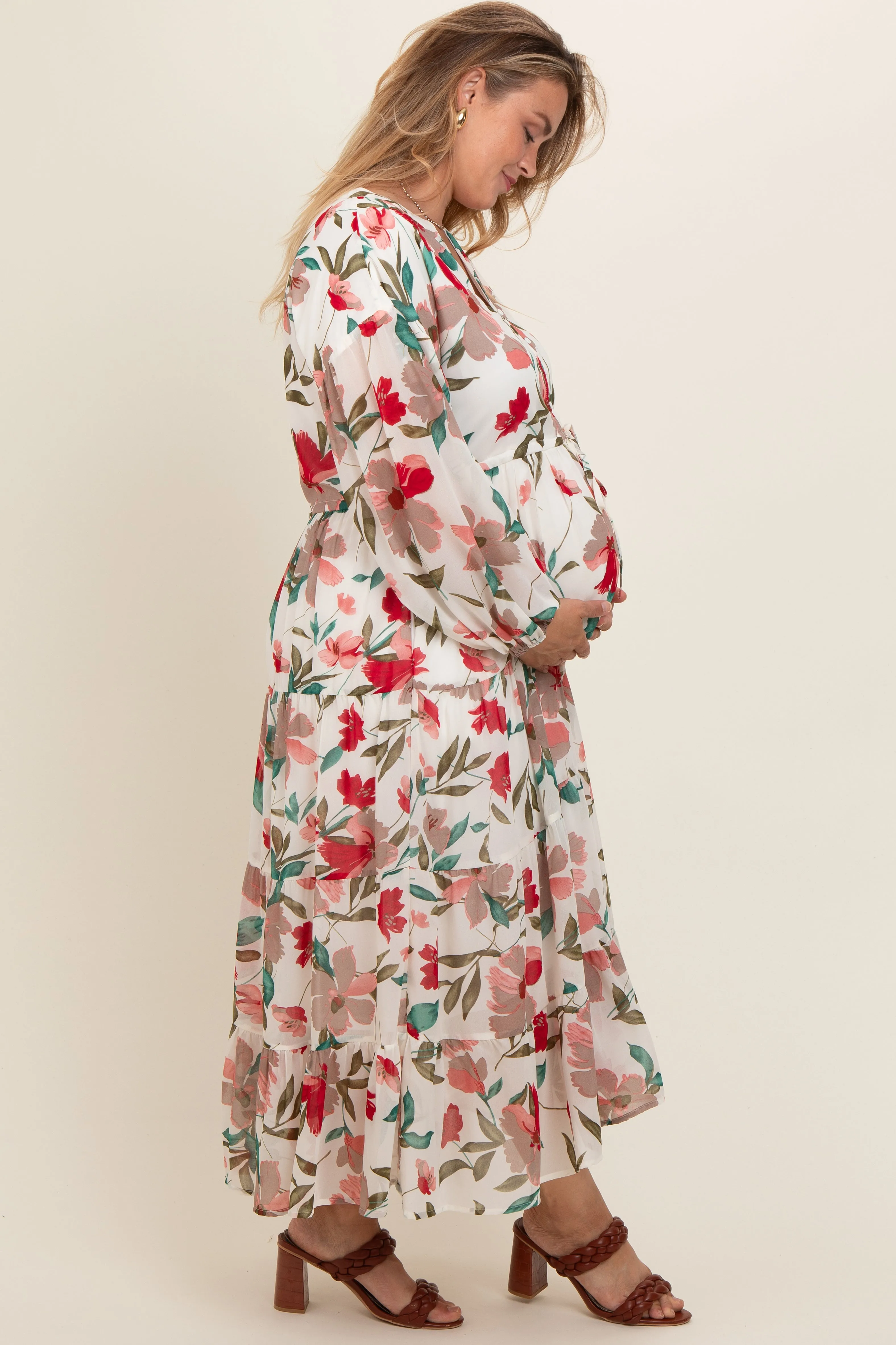 Ivory Floral Front Button Waist Tie Maternity Plus Midi Dress sold by Pinkblush product image thumbnail 2